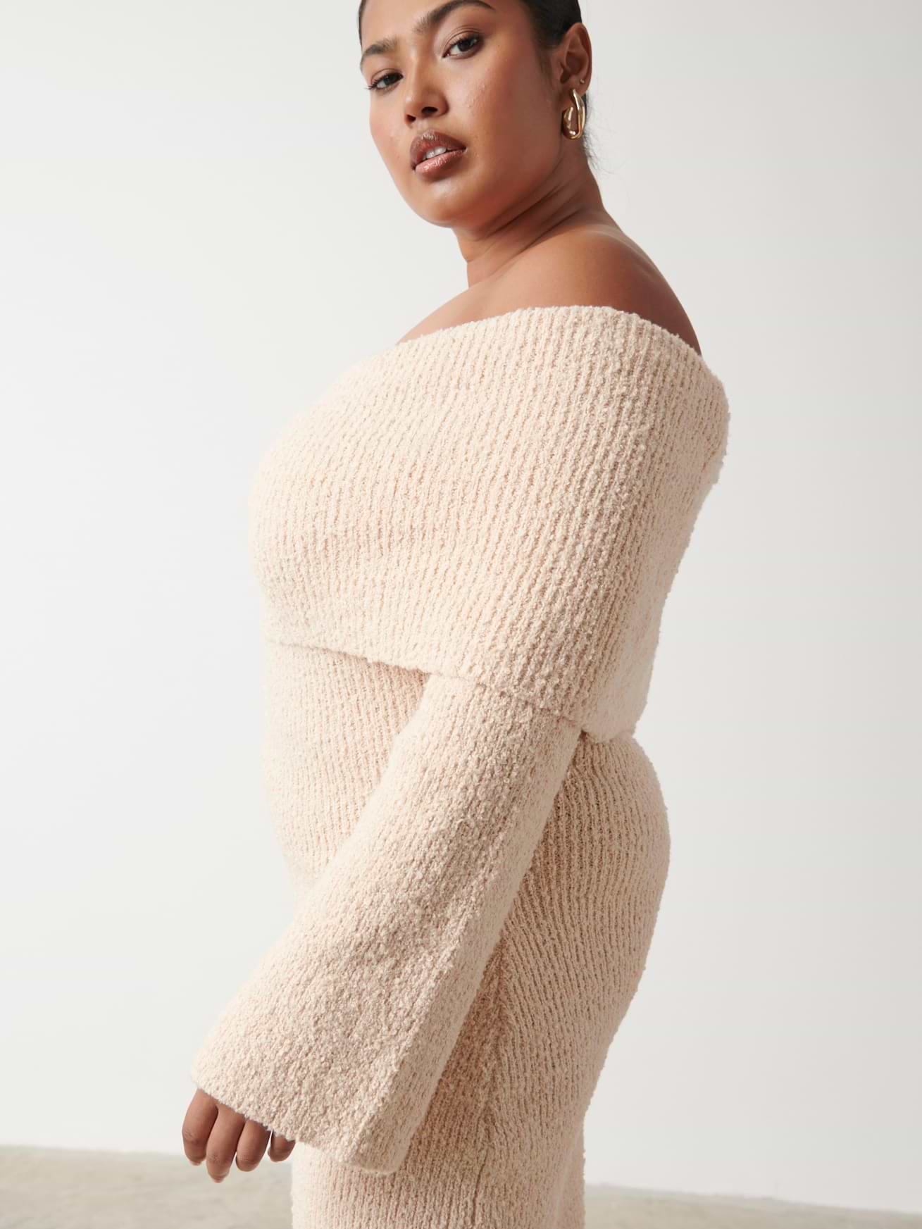 Elodie Midaxi Bardot Knit Dress Curve - Ecru