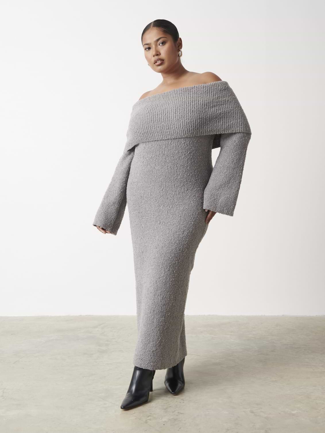 Elodie Midaxi Bardot Knit Dress Curve - Grey