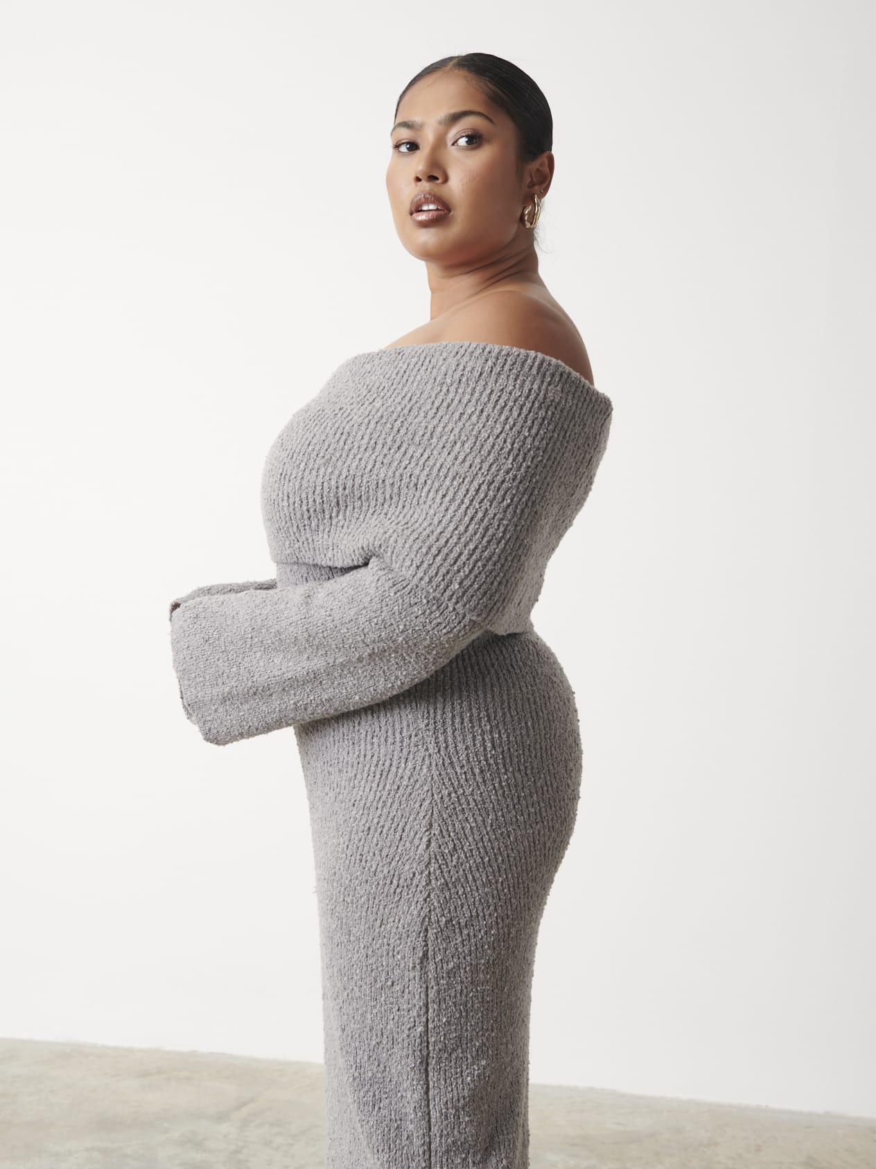 Elodie Midaxi Bardot Knit Dress Curve - Grey