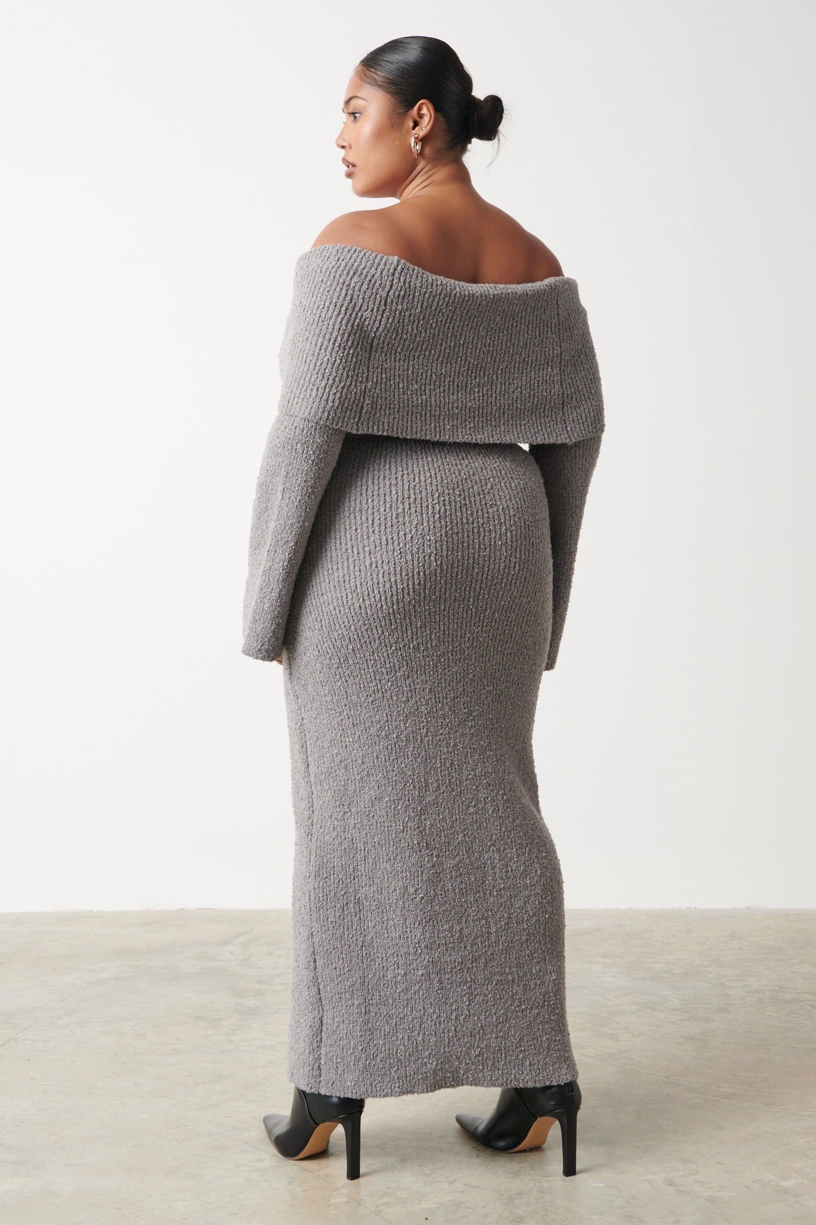 Elodie Midaxi Bardot Knit Dress Curve - Grey