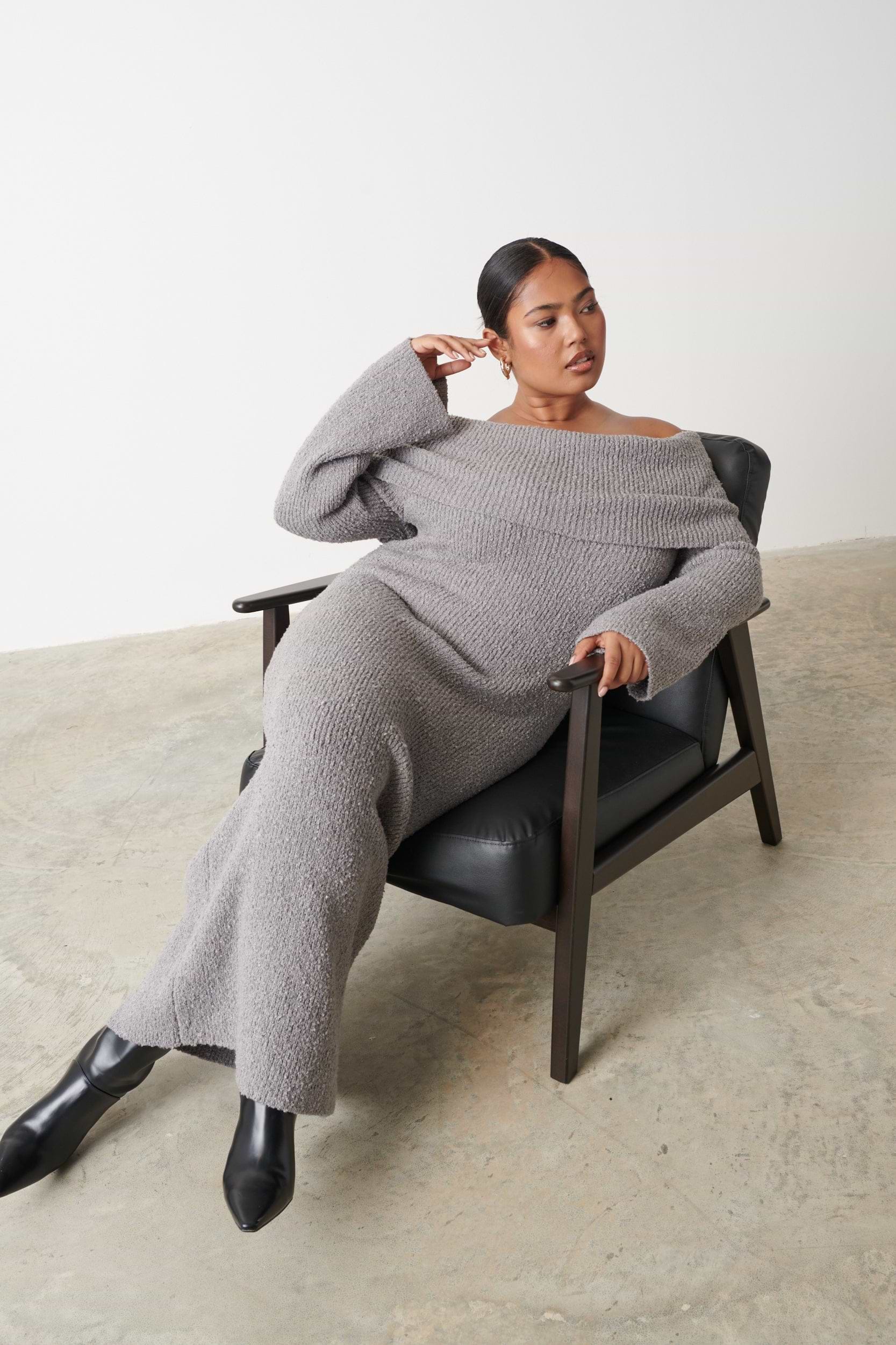 Elodie Midaxi Bardot Knit Dress Curve - Grey