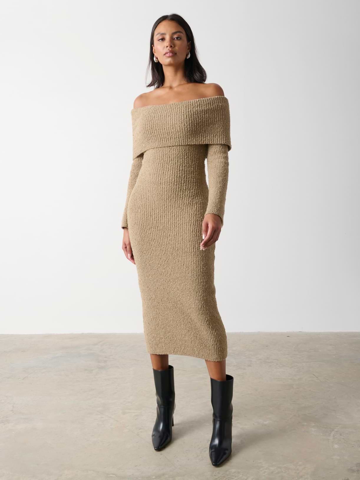 Elodie Midaxi Bardot Knit Dress - Mushroom