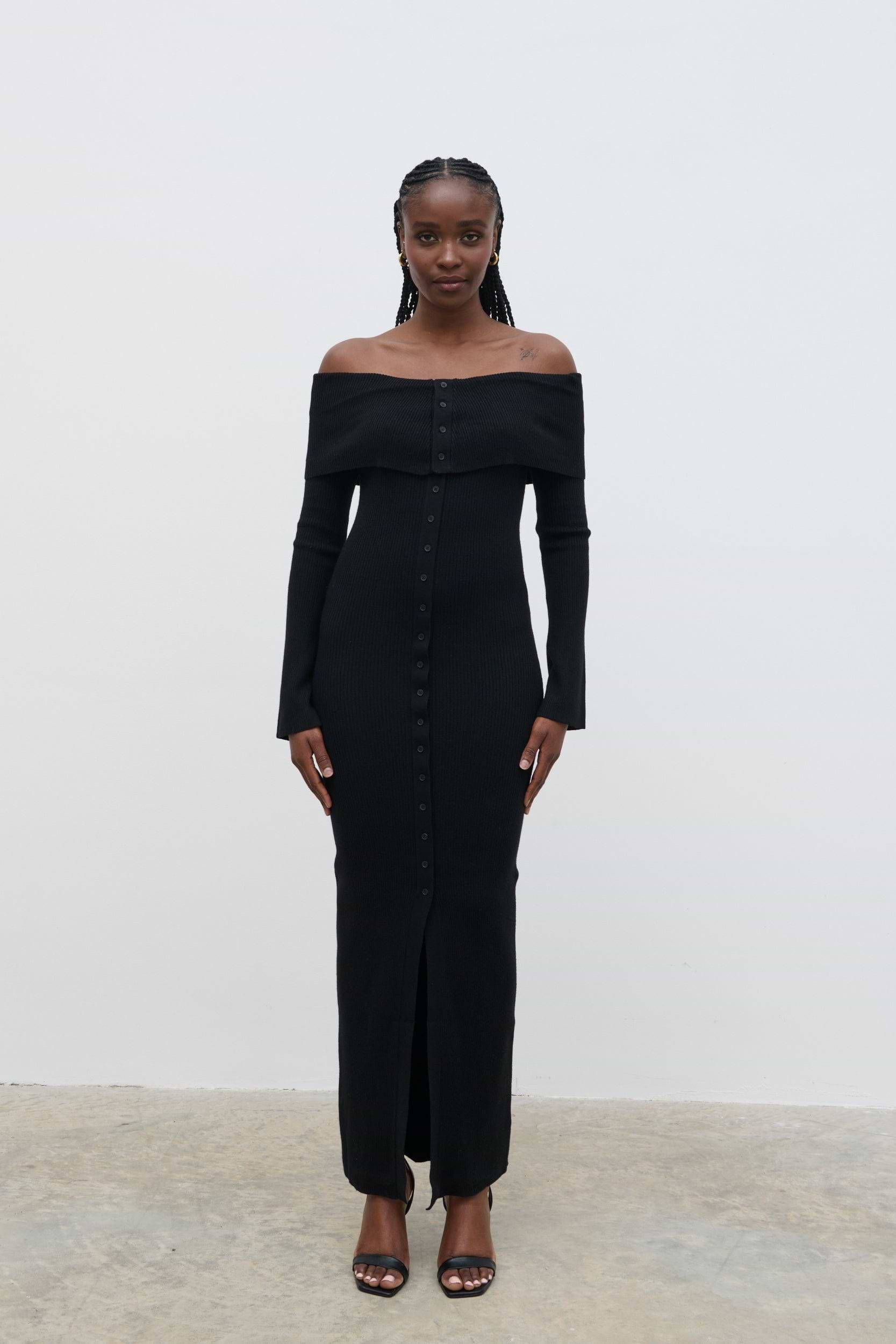 Elora Bardot Knit Maxi Dress - Black