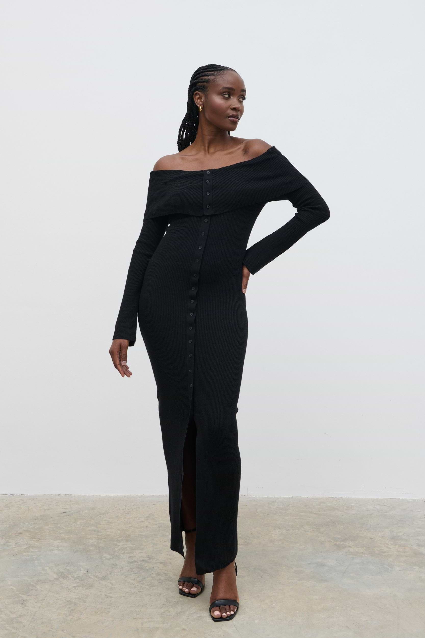 Elora Bardot Knit Maxi Dress - Black