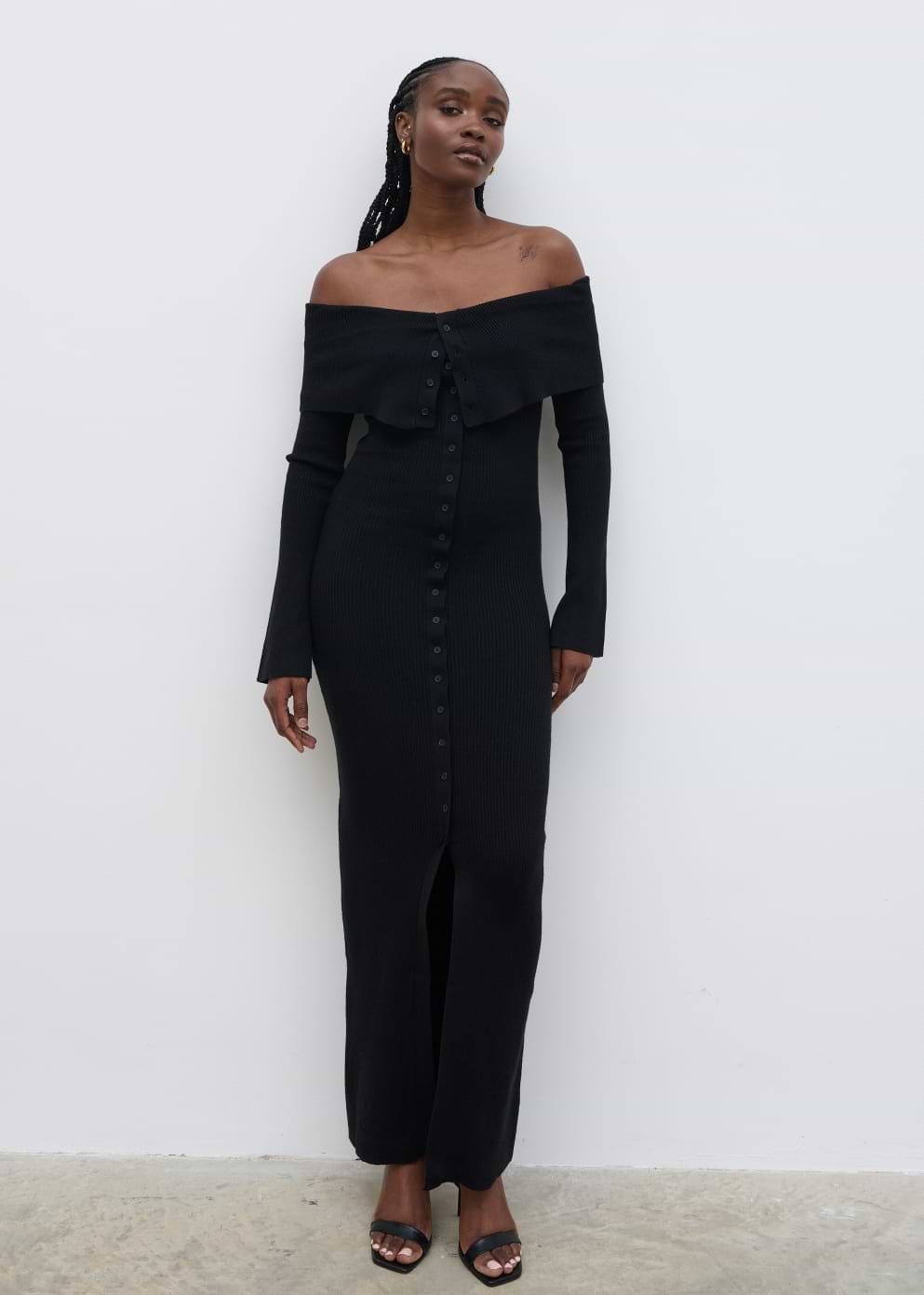 Elora Bardot Knit Maxi Dress - Black