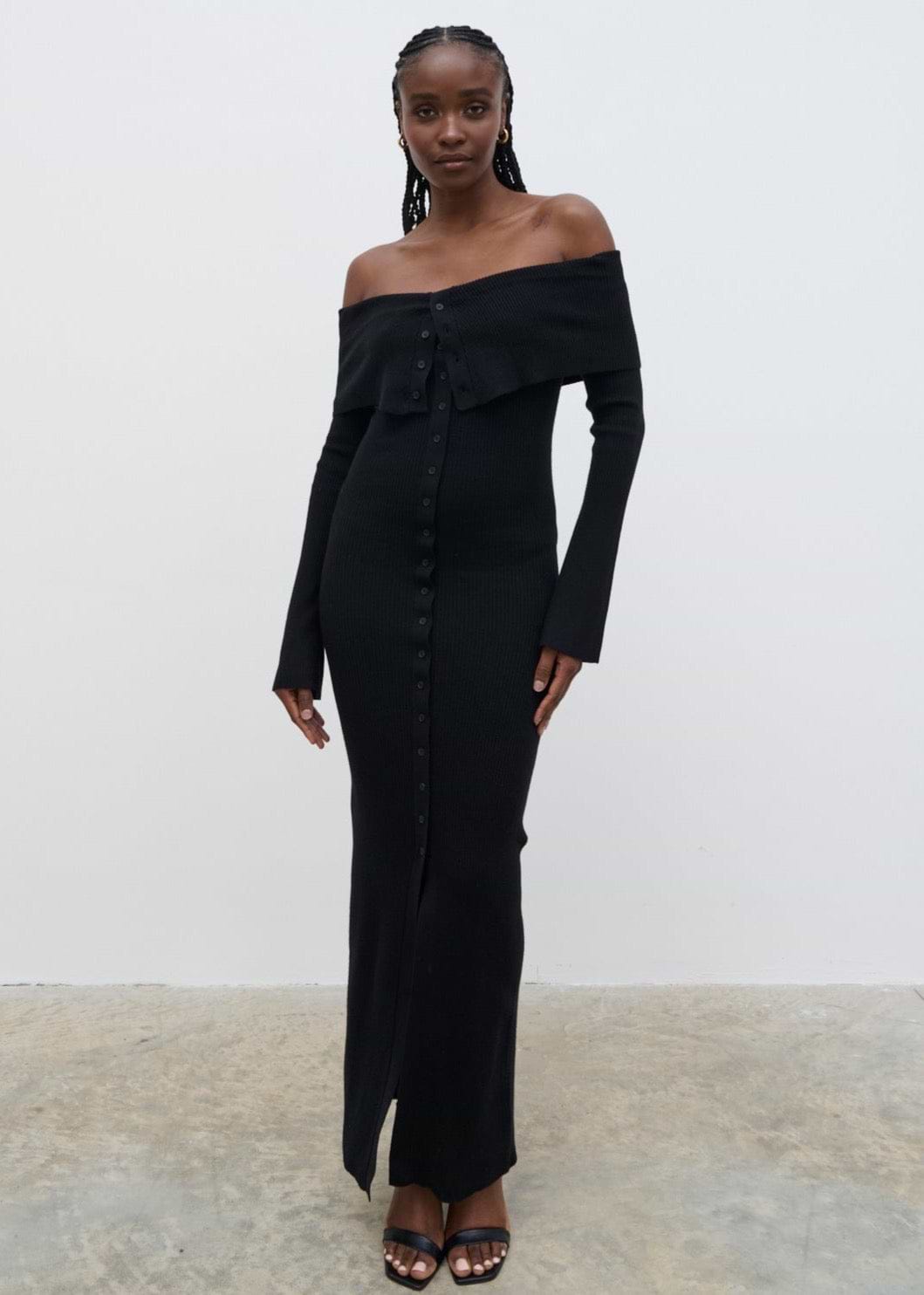 Elora Bardot Knit Maxi Dress - Black