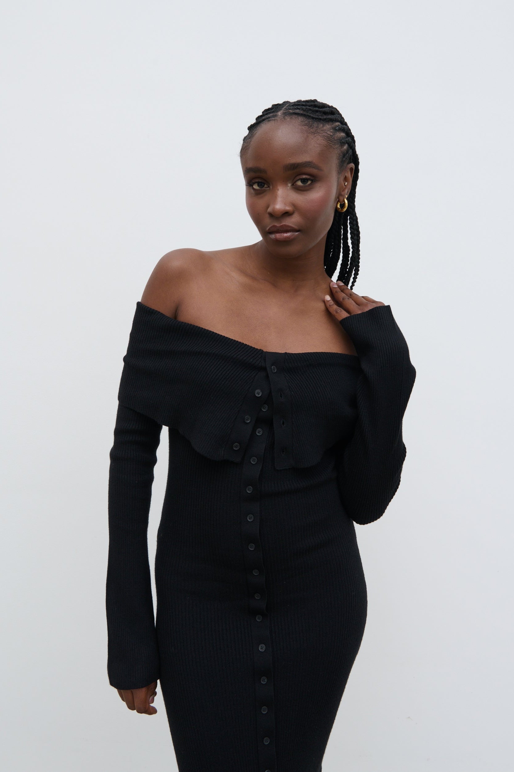 Elora Bardot Knit Maxi Dress - Black