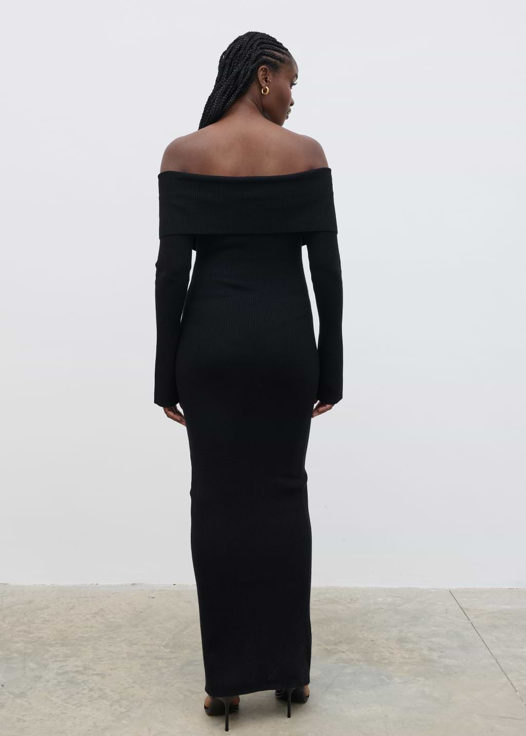 Elora Bardot Knit Maxi Dress - Black