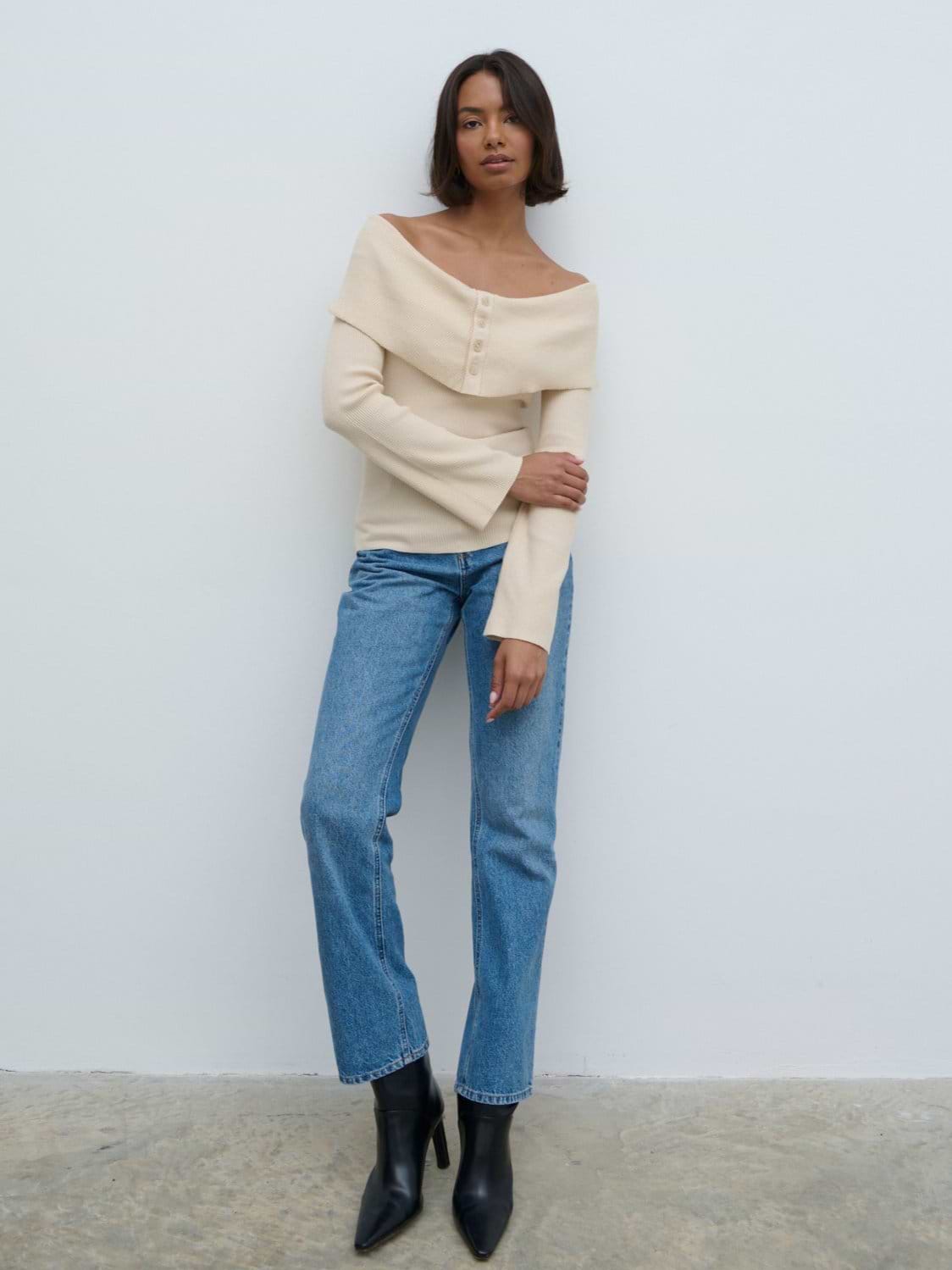 Elora Bardot Button Front Knit Top - Oatmeal