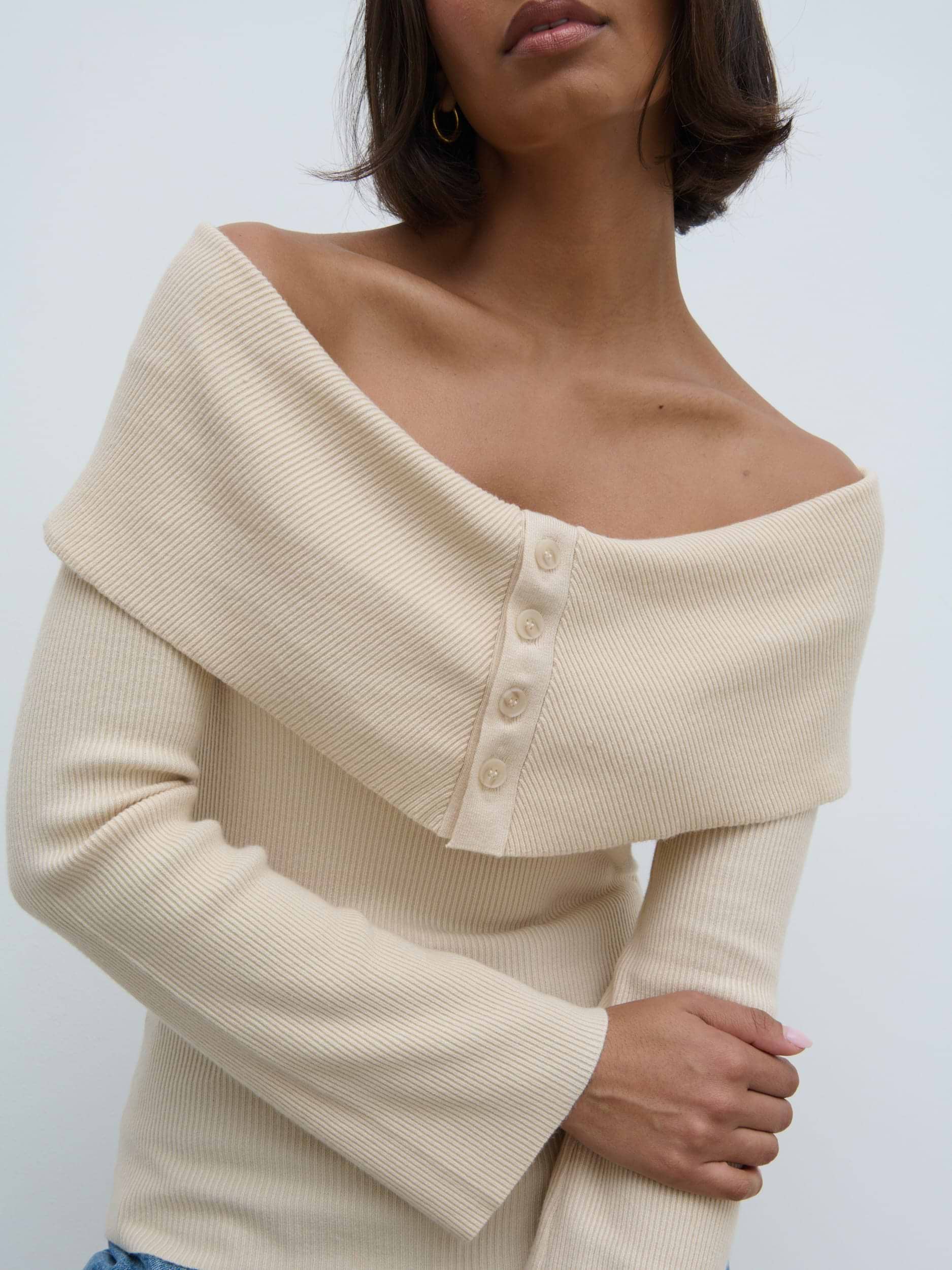 Elora Bardot Button Front Knit Top - Oatmeal