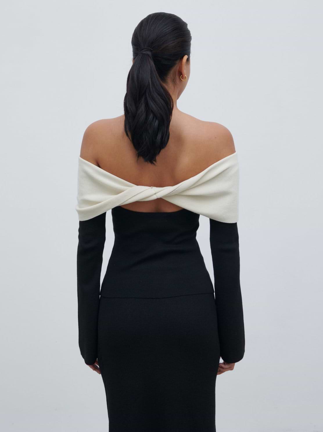 Ema Twist Bardot Knit Top - Black and Cream