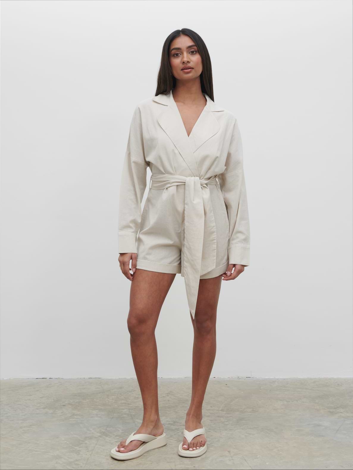Emilie Belted Playsuit - Oatmeal