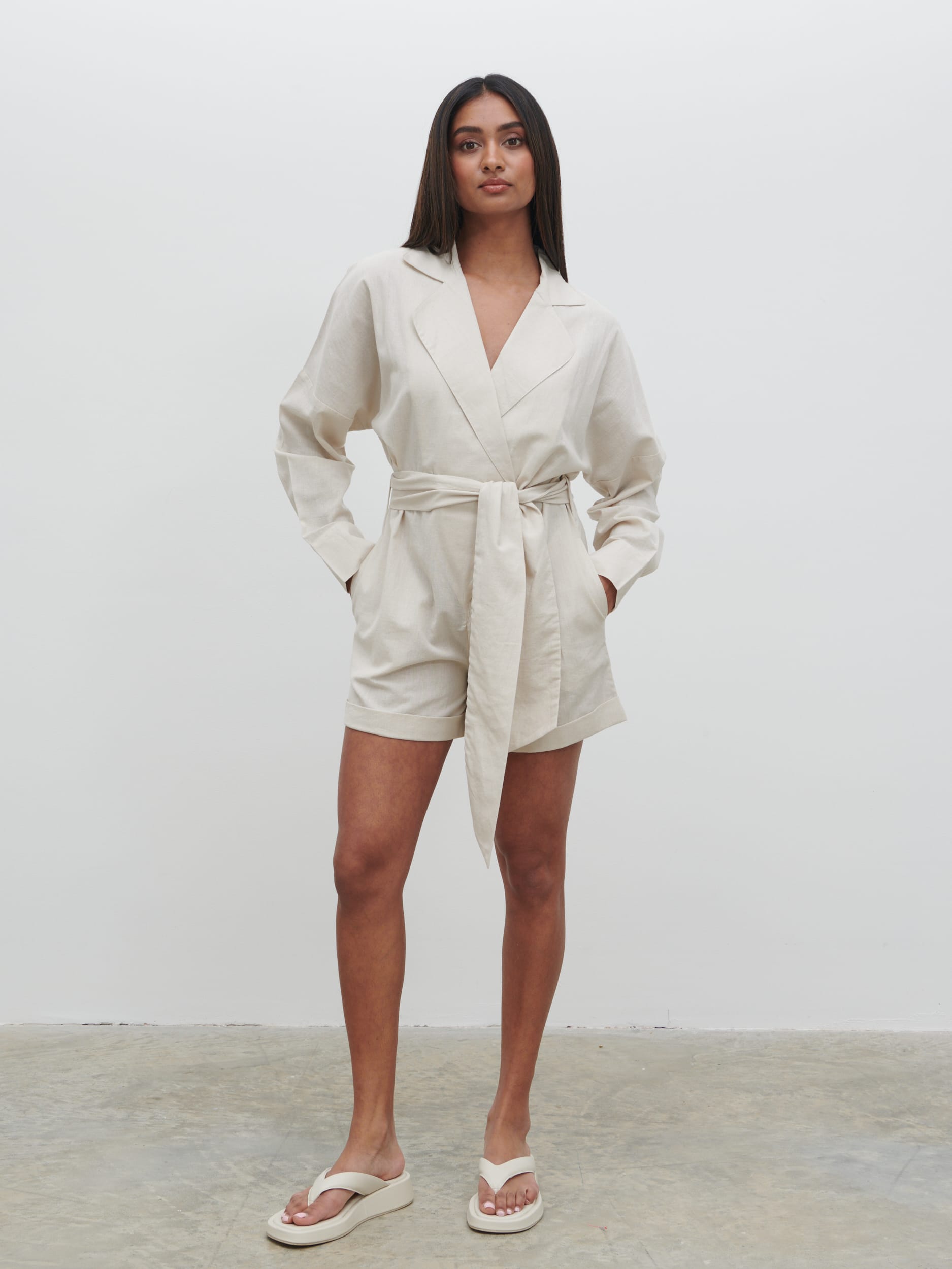 Emilie Belted Playsuit - Oatmeal