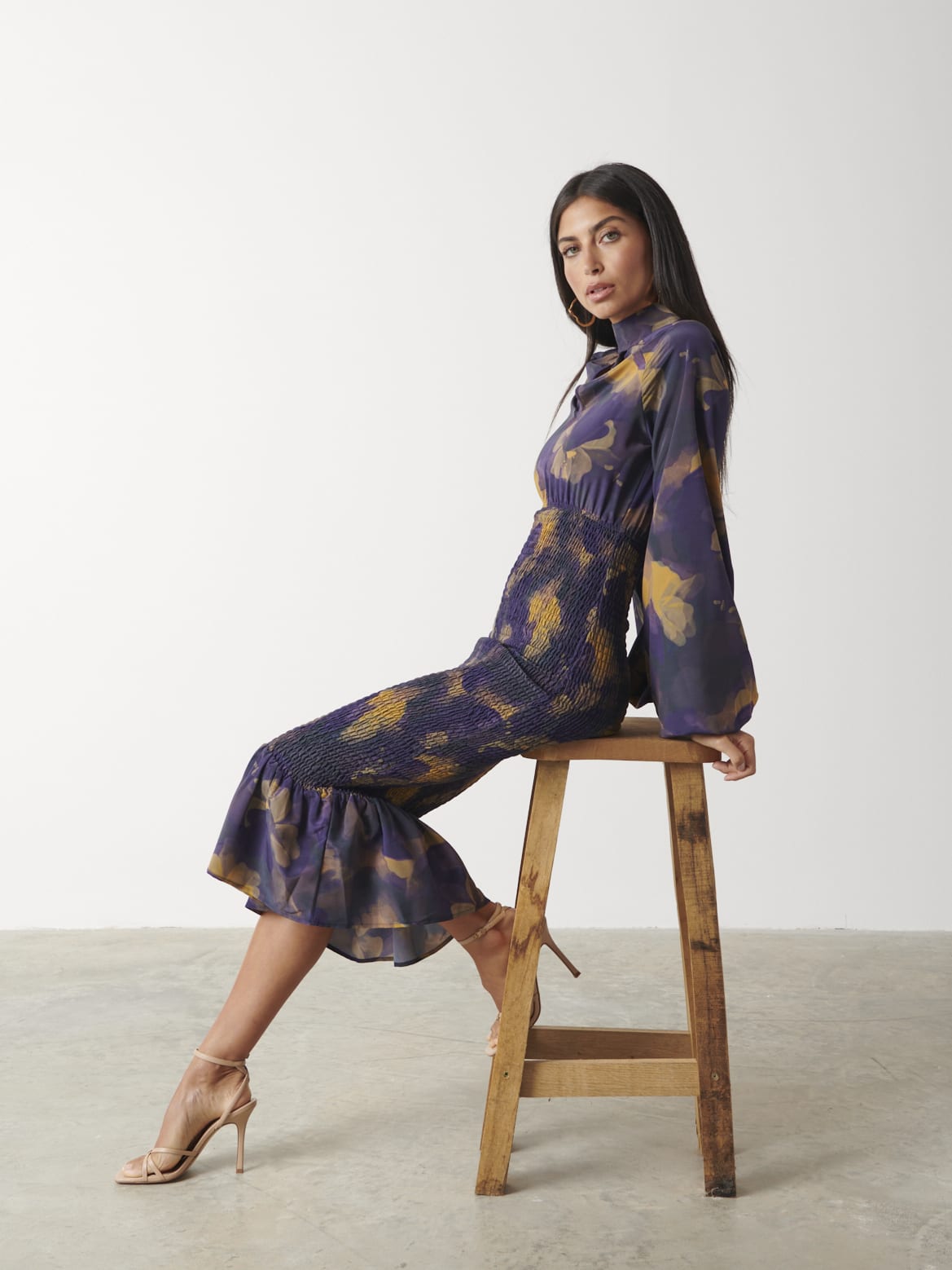 Emily High Neck Shirred Midaxi Dress - Dark Amethyst & Saffron Floral