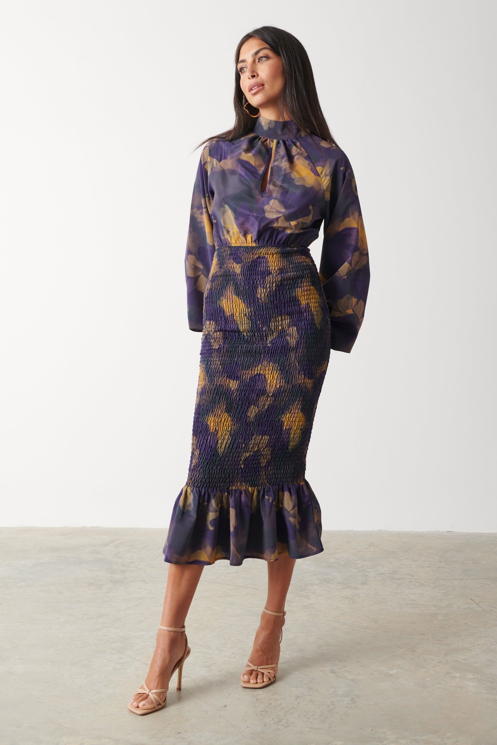 Emily High Neck Shirred Midaxi Dress - Dark Amethyst & Saffron Floral