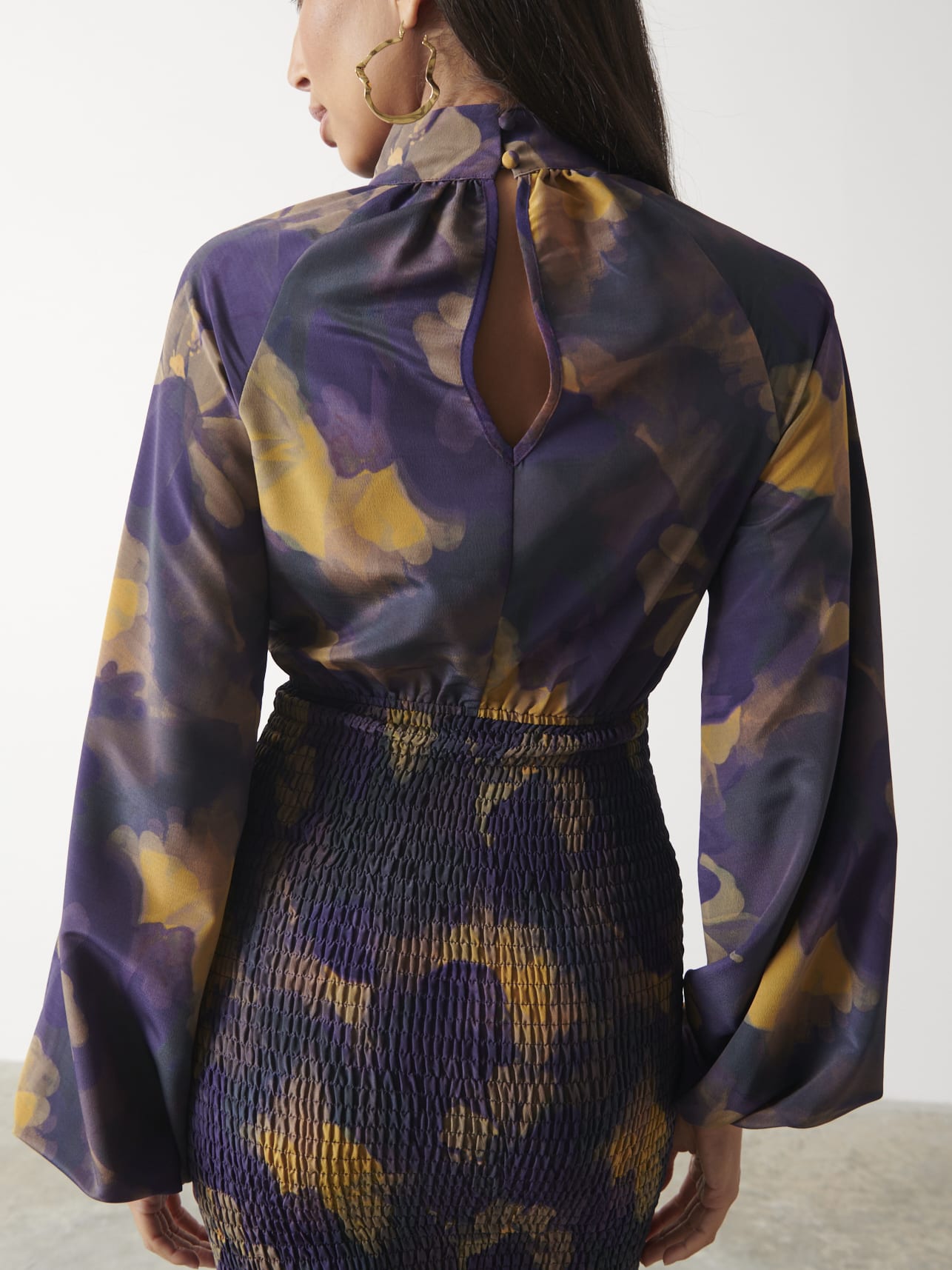 Emily High Neck Shirred Midaxi Dress - Dark Amethyst & Saffron Floral