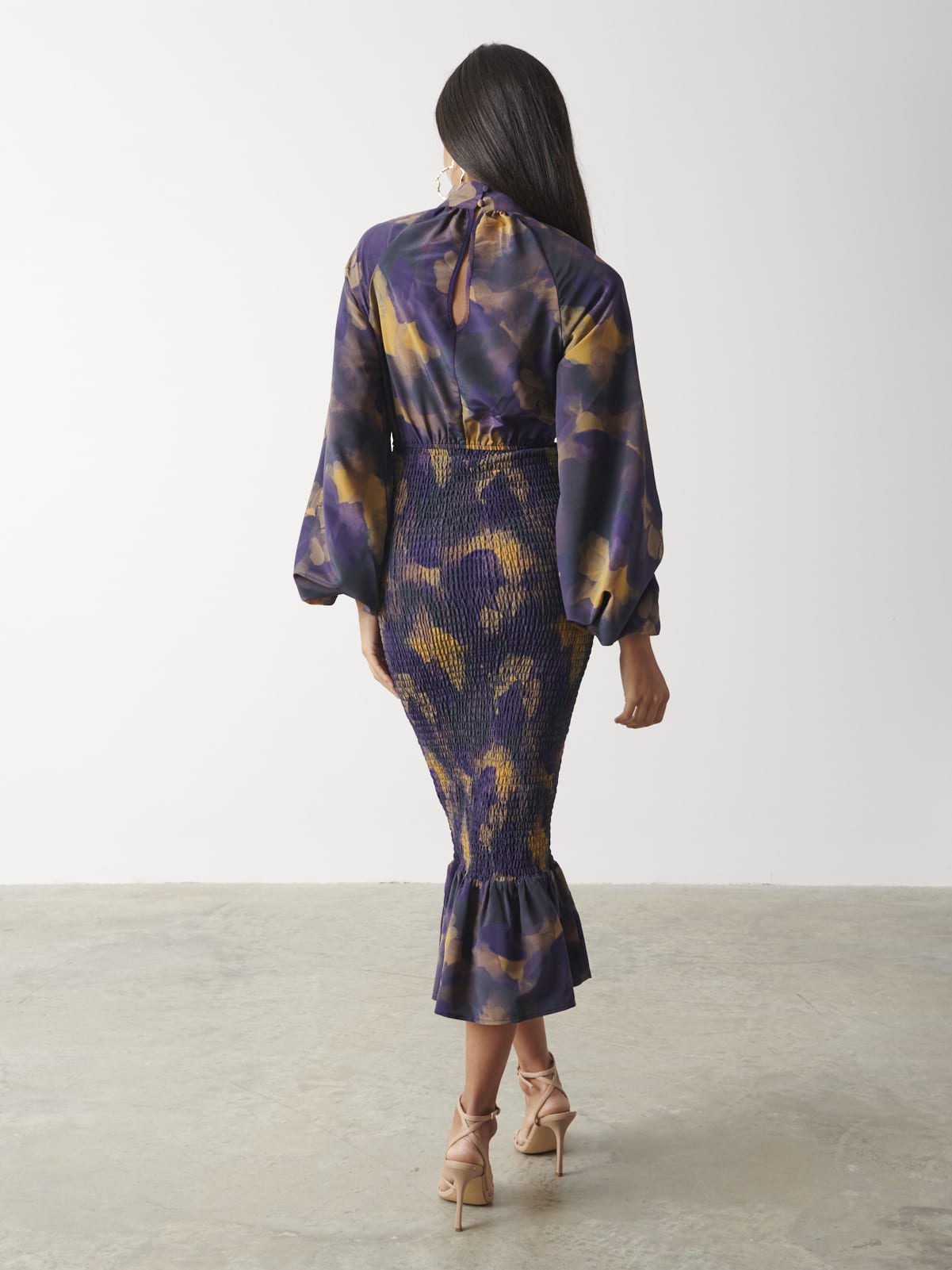 Emily High Neck Shirred Midaxi Dress - Dark Amethyst & Saffron Floral