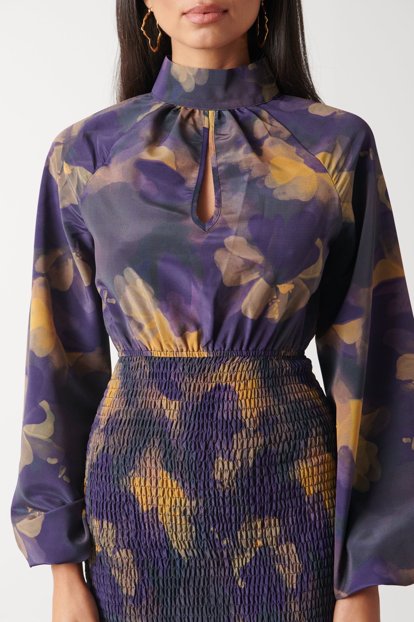 Emily High Neck Shirred Midaxi Dress - Dark Amethyst & Saffron Floral