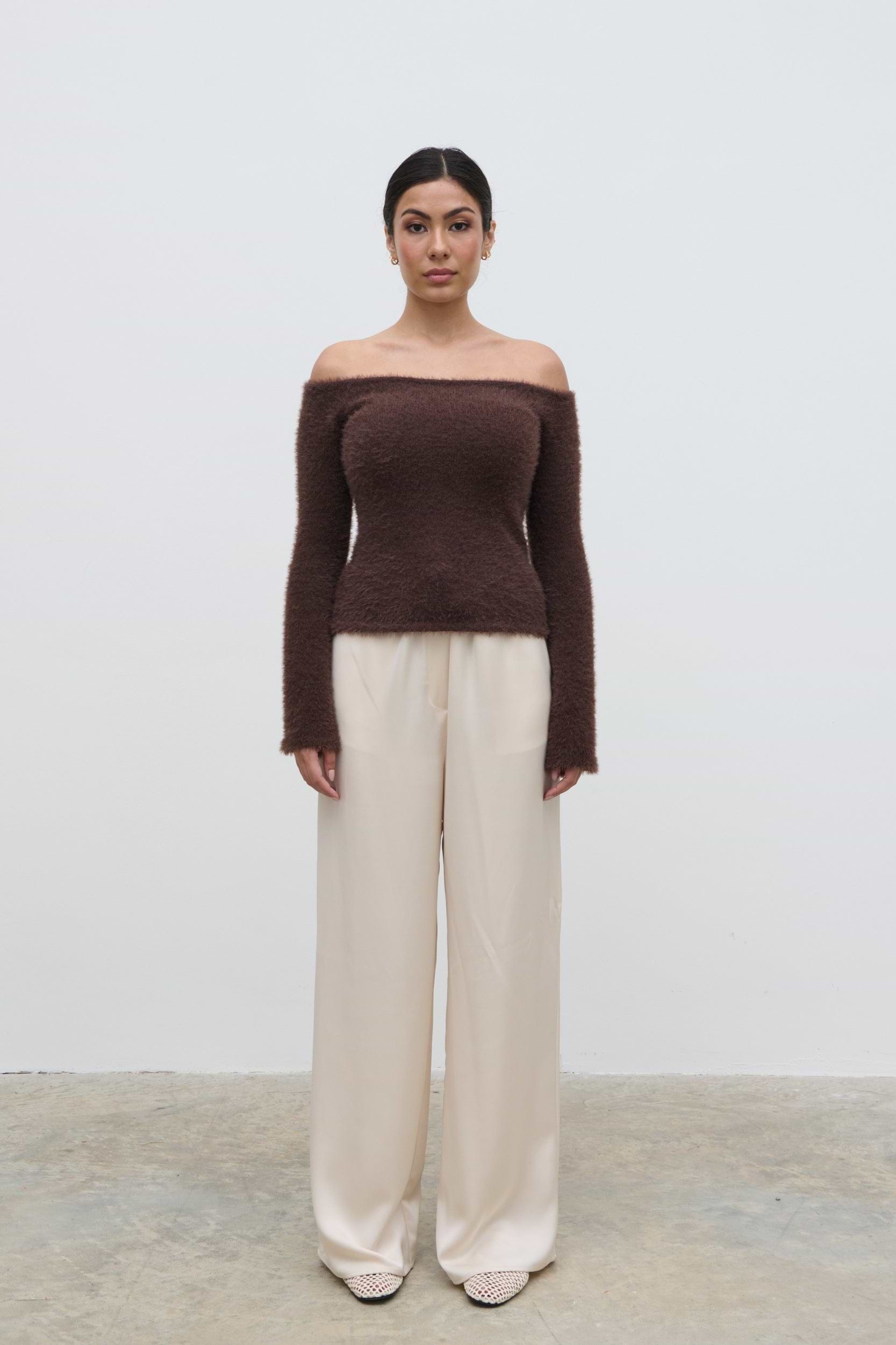 Erika Bardot Fluffy Knit Top - Chocolate