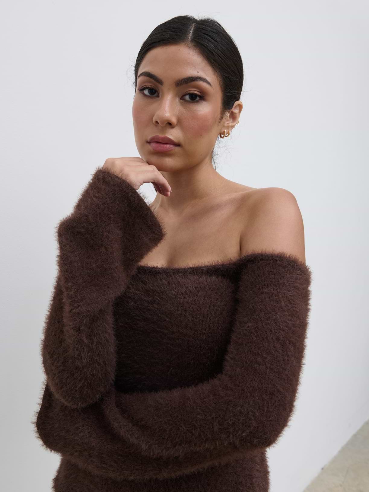 Erika Bardot Fluffy Knit Top - Chocolate