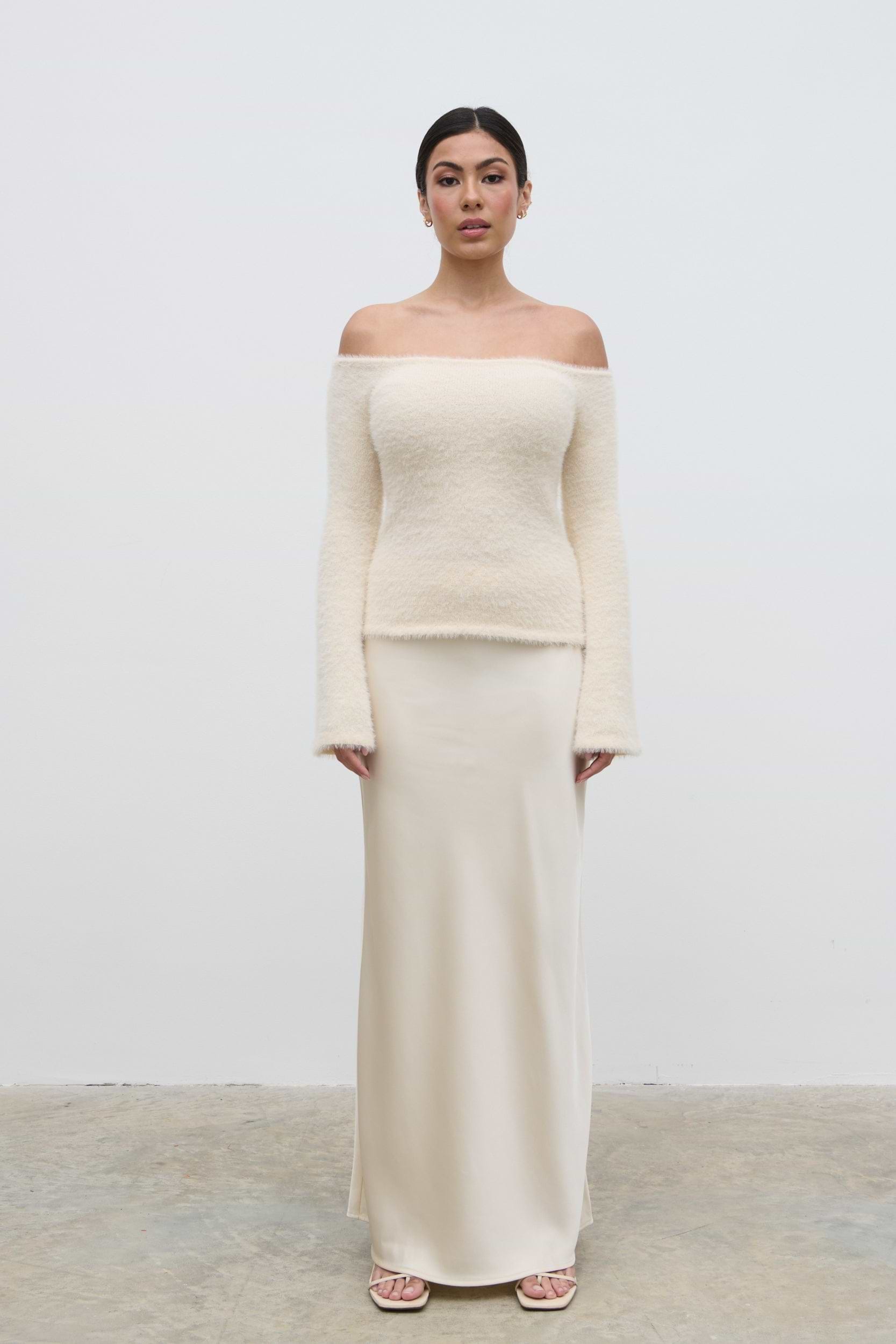 Erika Bardot Fluffy Knit Top - Cream