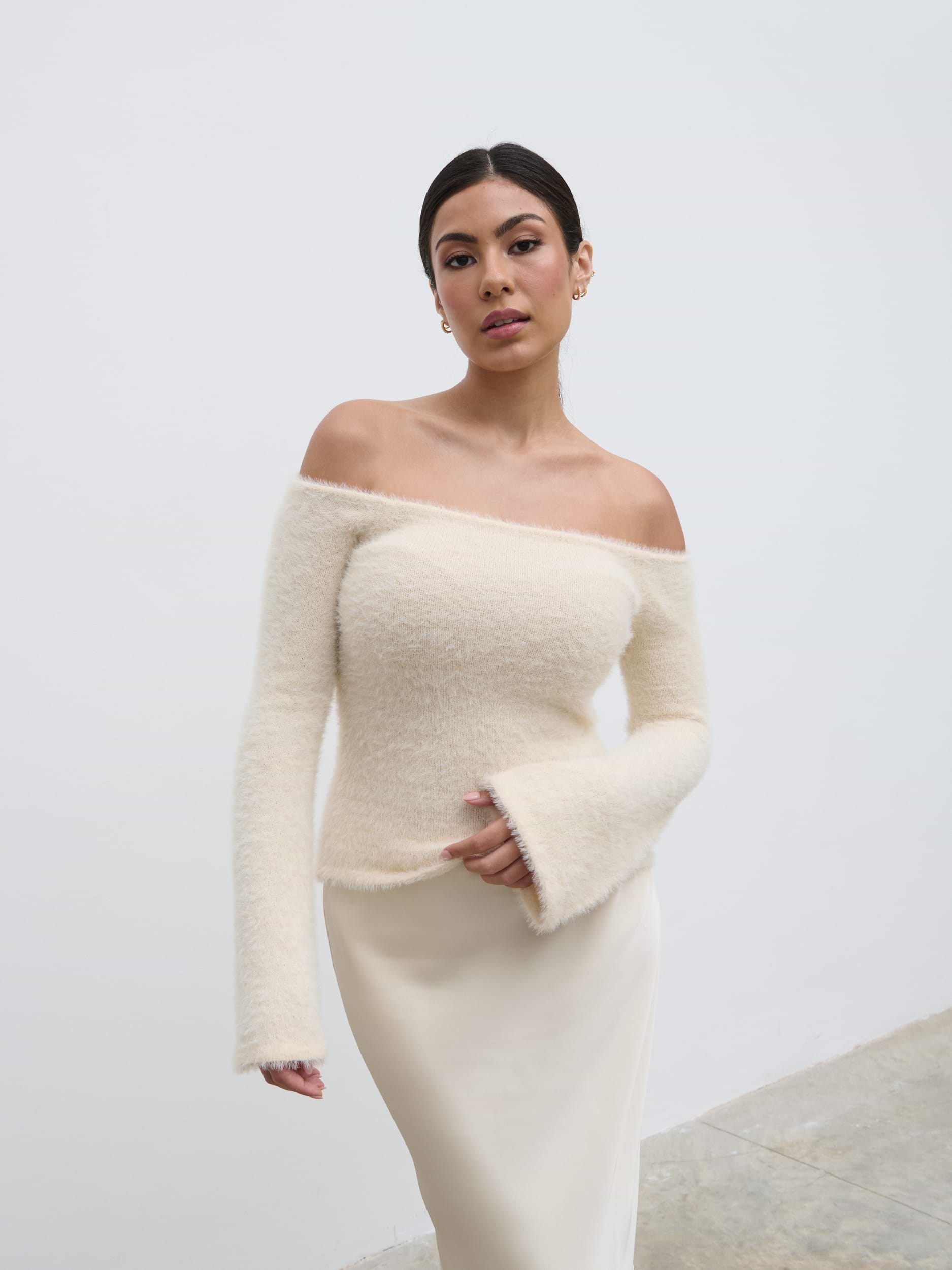 Erika Bardot Fluffy Knit Top - Cream
