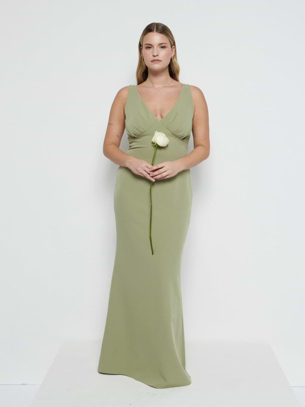 Esmee V-Neck Crepe Maxi Bridesmaid Dress - Olive