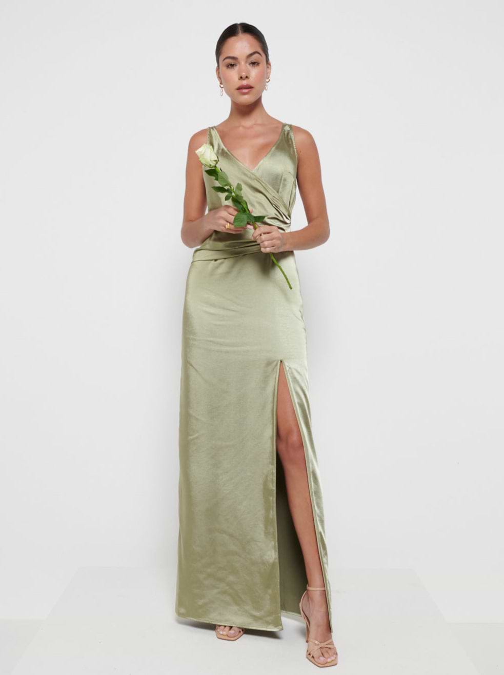 Esmee Wrap Maxi Bridesmaid Dress - Matte Olive