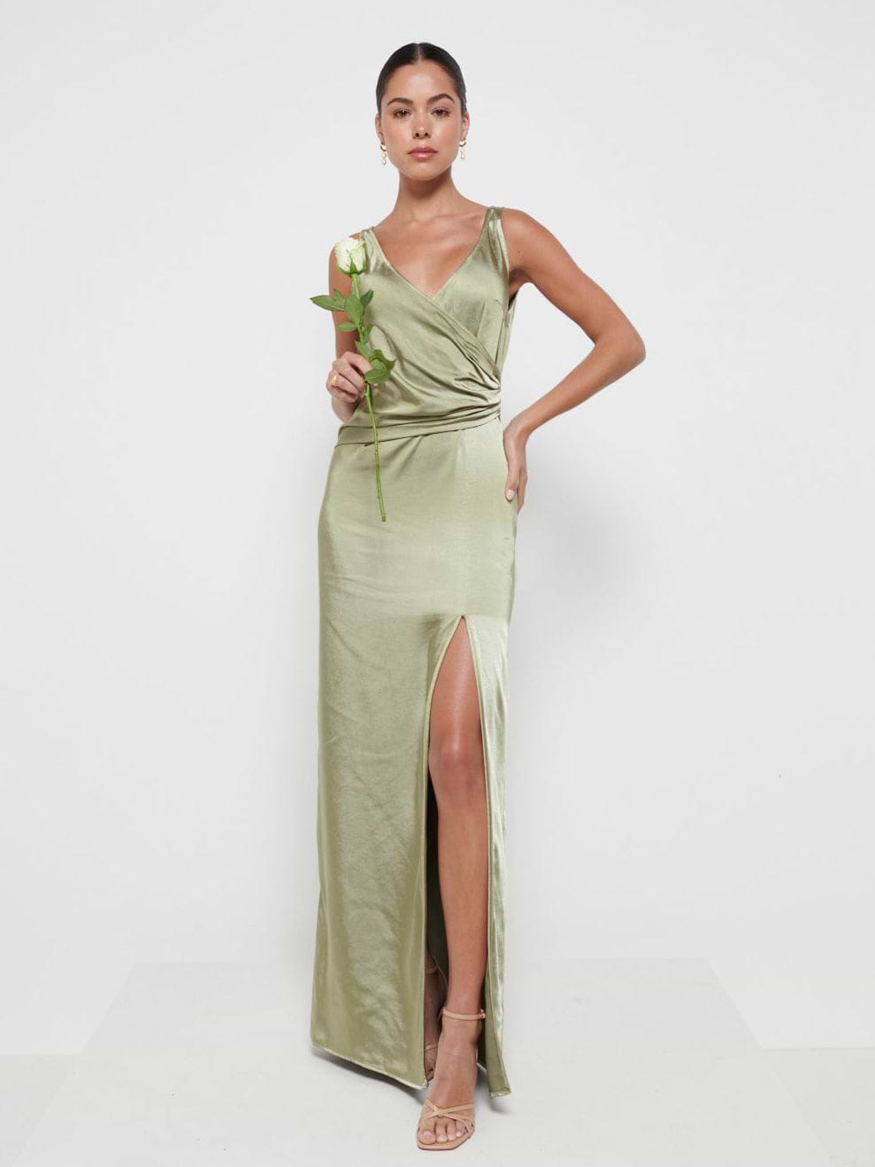 Esmee Wrap Maxi Bridesmaid Dress - Matte Olive