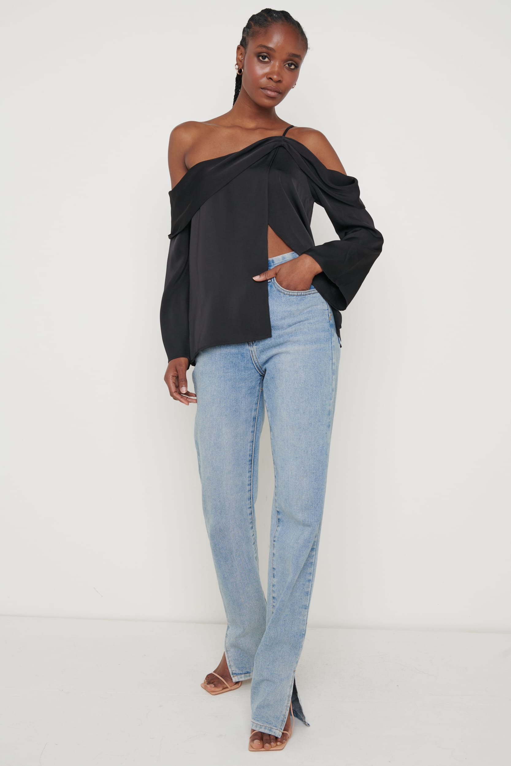 Estelle One Shoulder Drape Blouse - Black