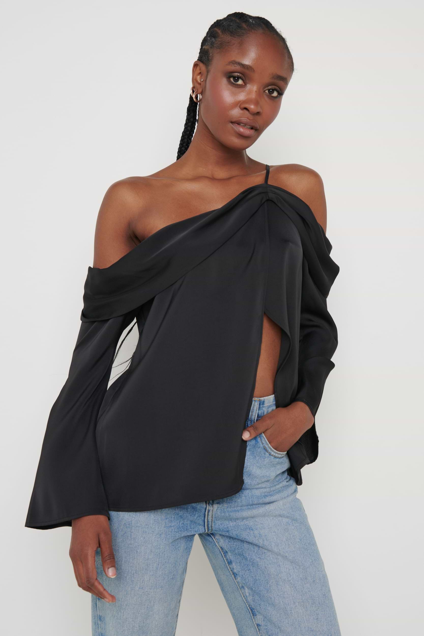 Estelle One Shoulder Drape Blouse - Black