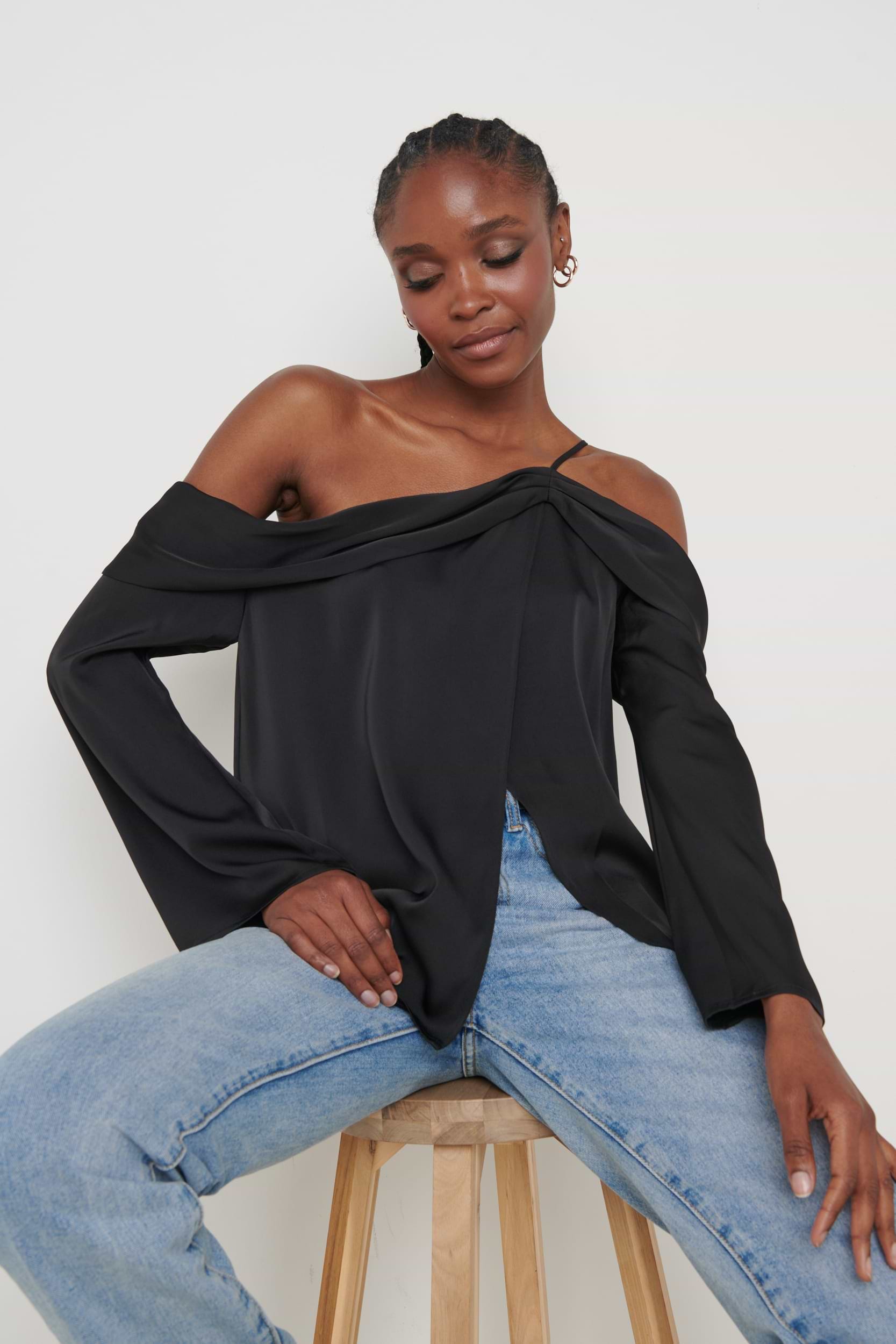 Estelle One Shoulder Drape Blouse - Black