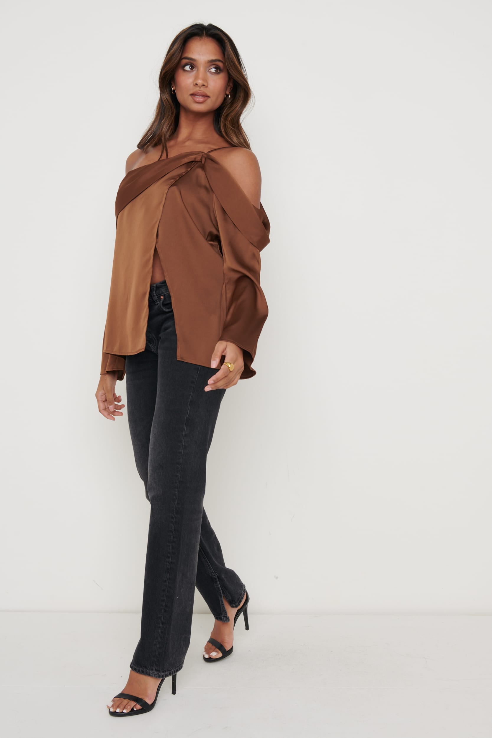Estelle One Shoulder Drape Blouse - Brown