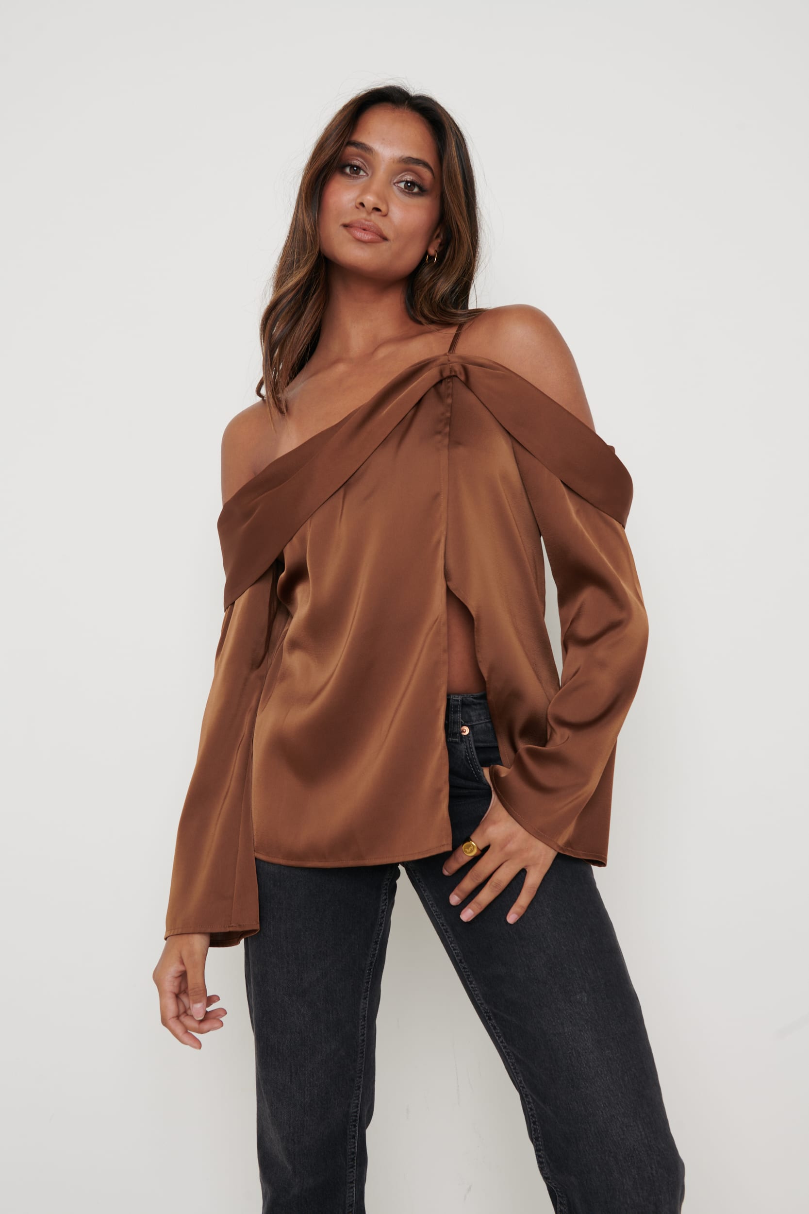 Estelle One Shoulder Drape Blouse - Brown