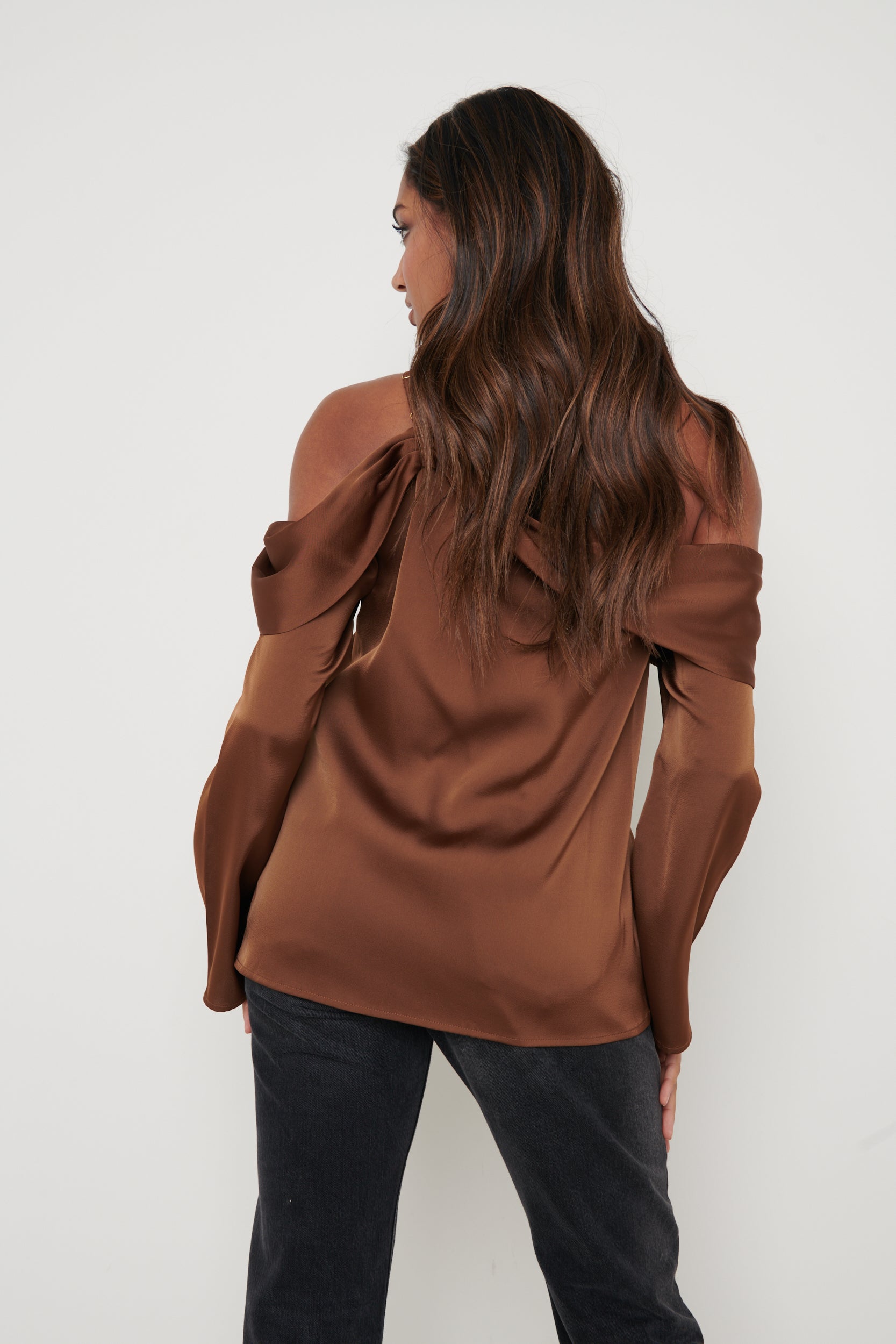 Estelle One Shoulder Drape Blouse - Brown