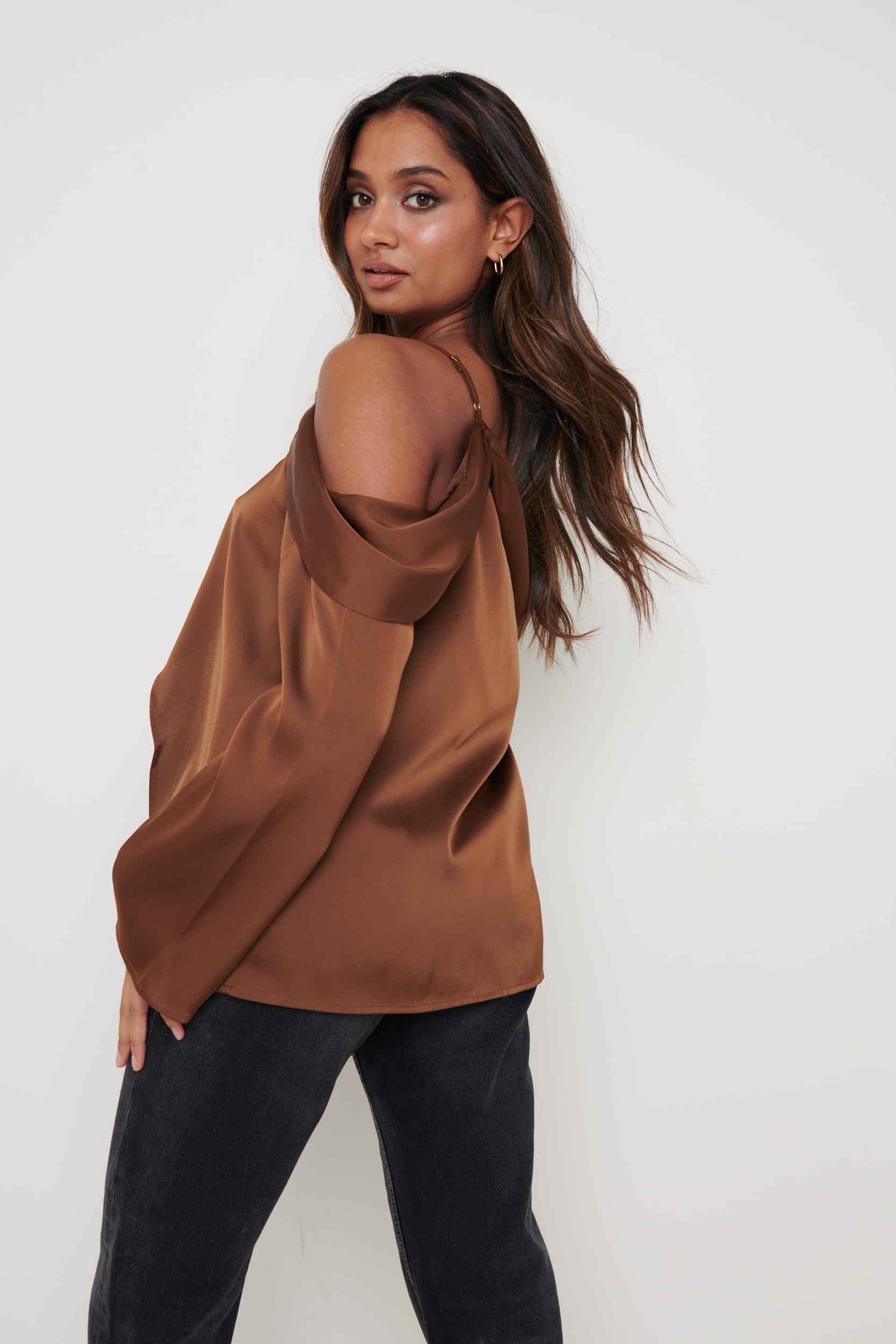 Estelle One Shoulder Drape Blouse - Brown
