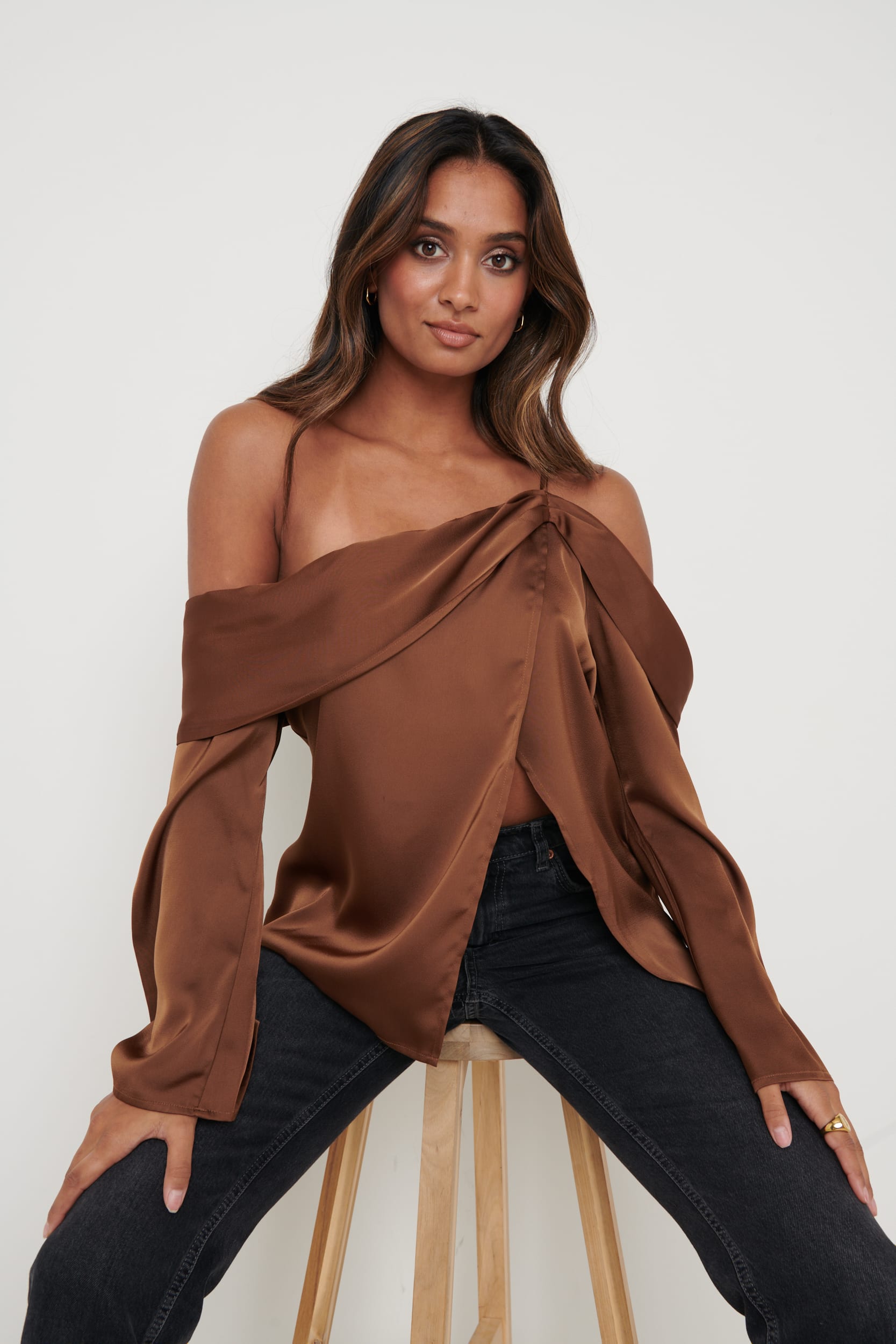 Estelle One Shoulder Drape Blouse - Brown