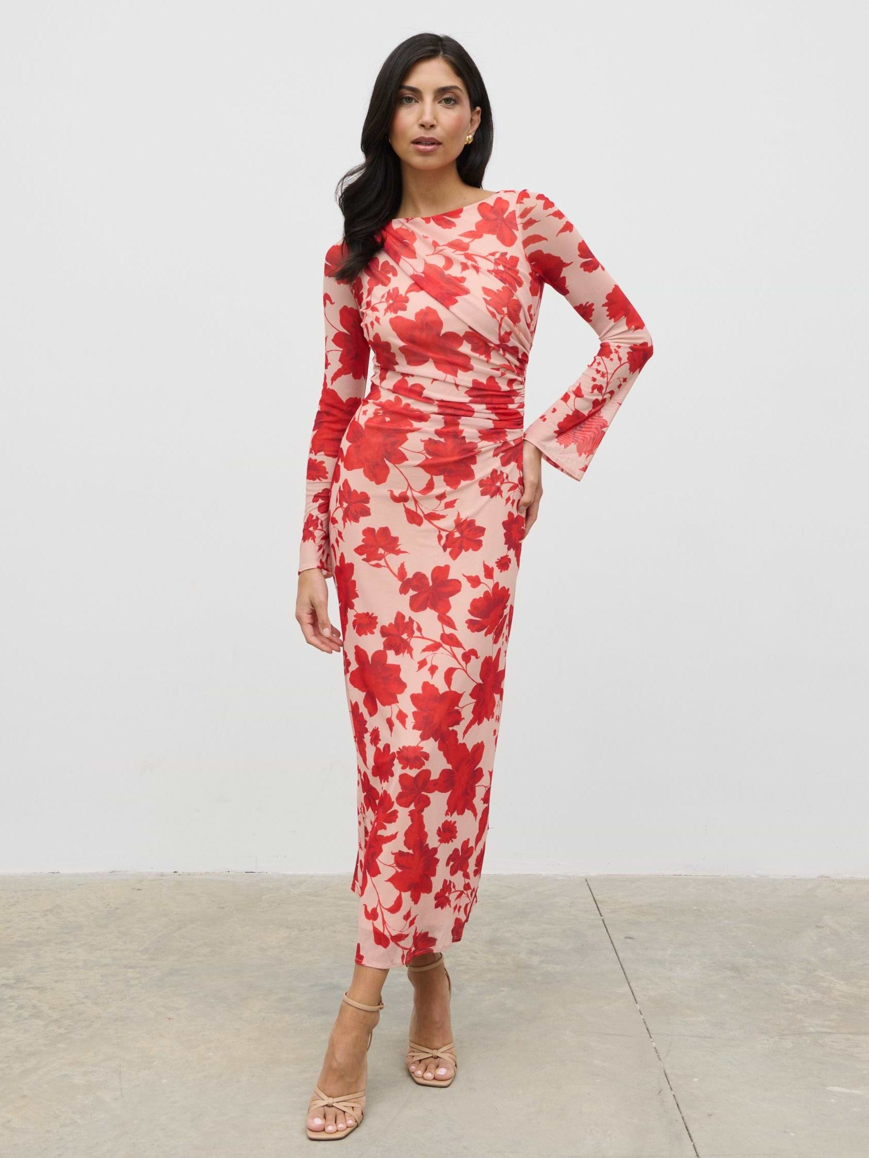 Ethel Long Sleeve Jersey Midaxi Dress - Red Floral