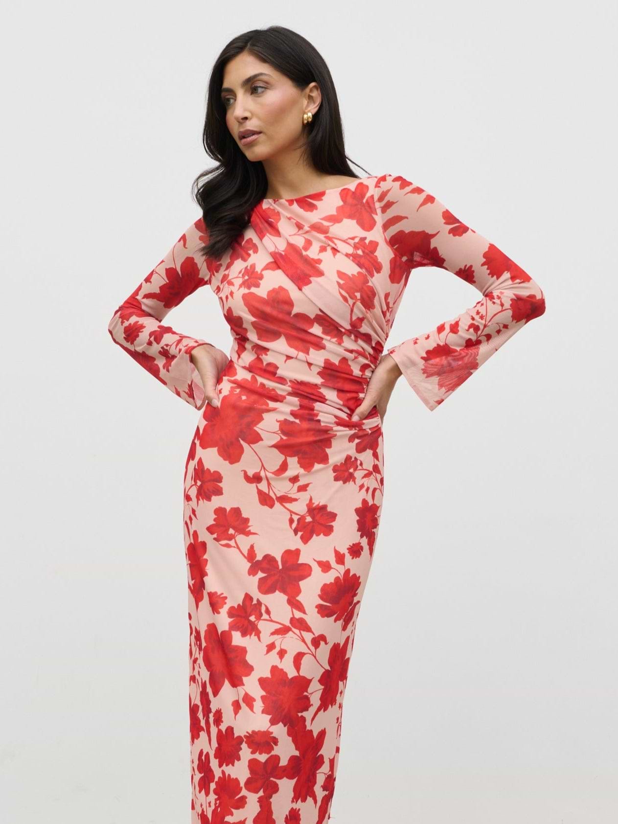 Ethel Long Sleeve Jersey Midaxi Dress - Red Floral