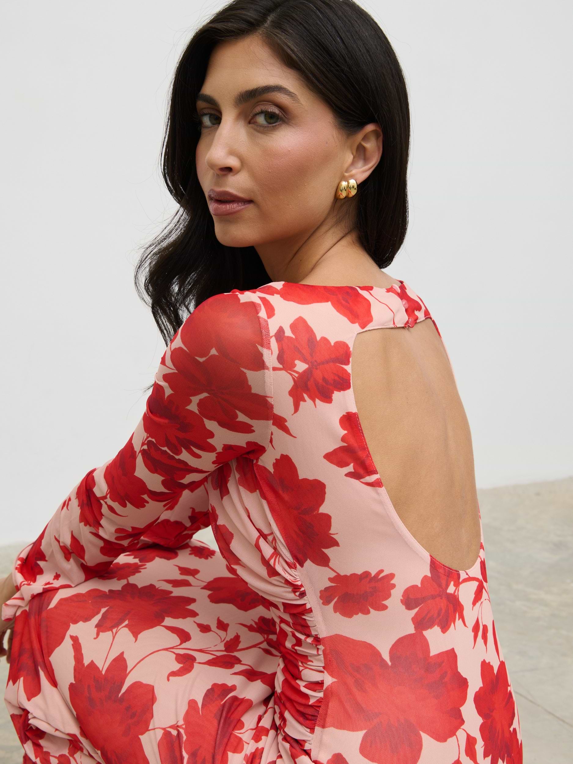 Ethel Long Sleeve Jersey Midaxi Dress - Red Floral