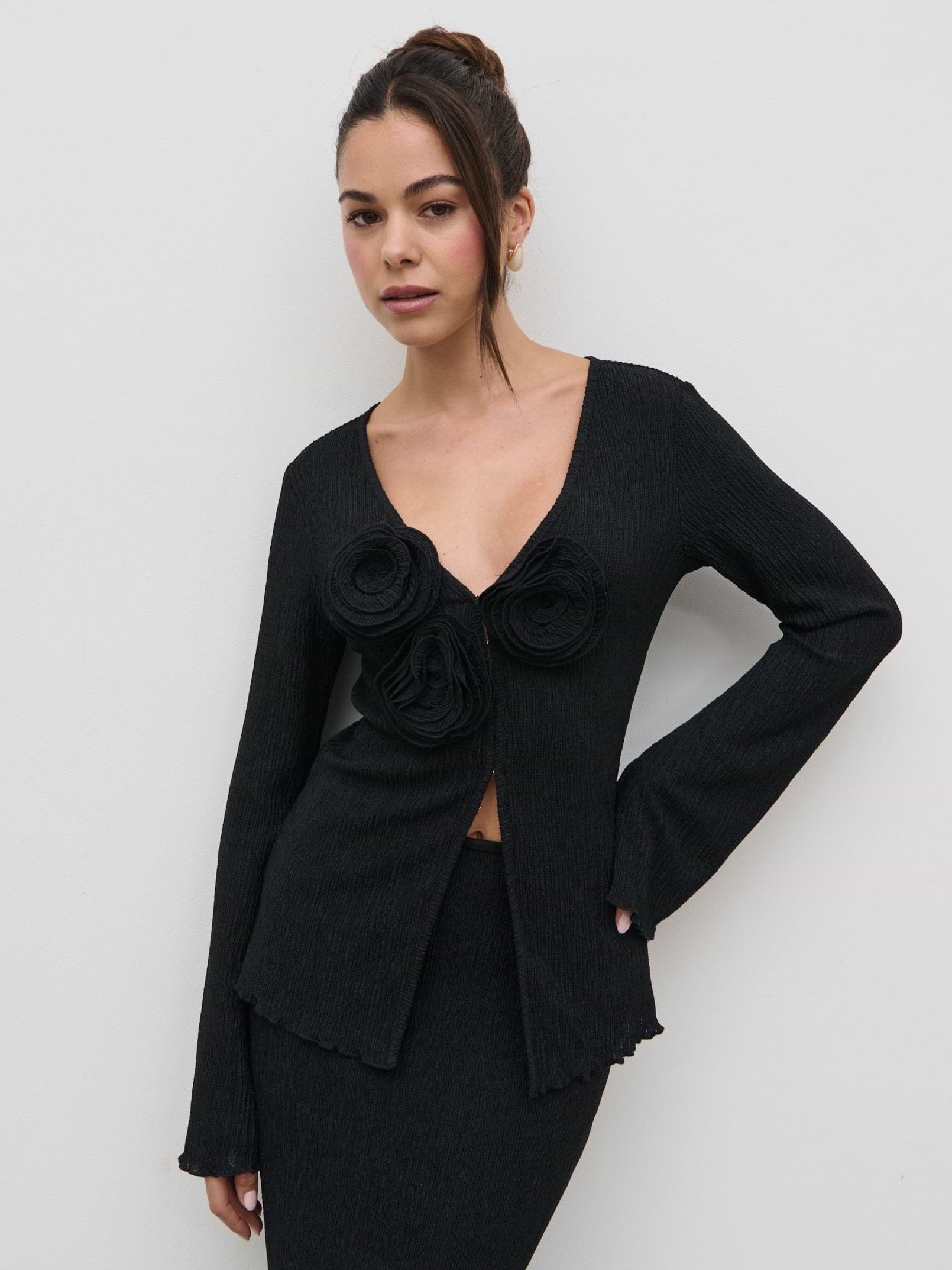 Evalina Crinkle Corsage Detail Top - Black