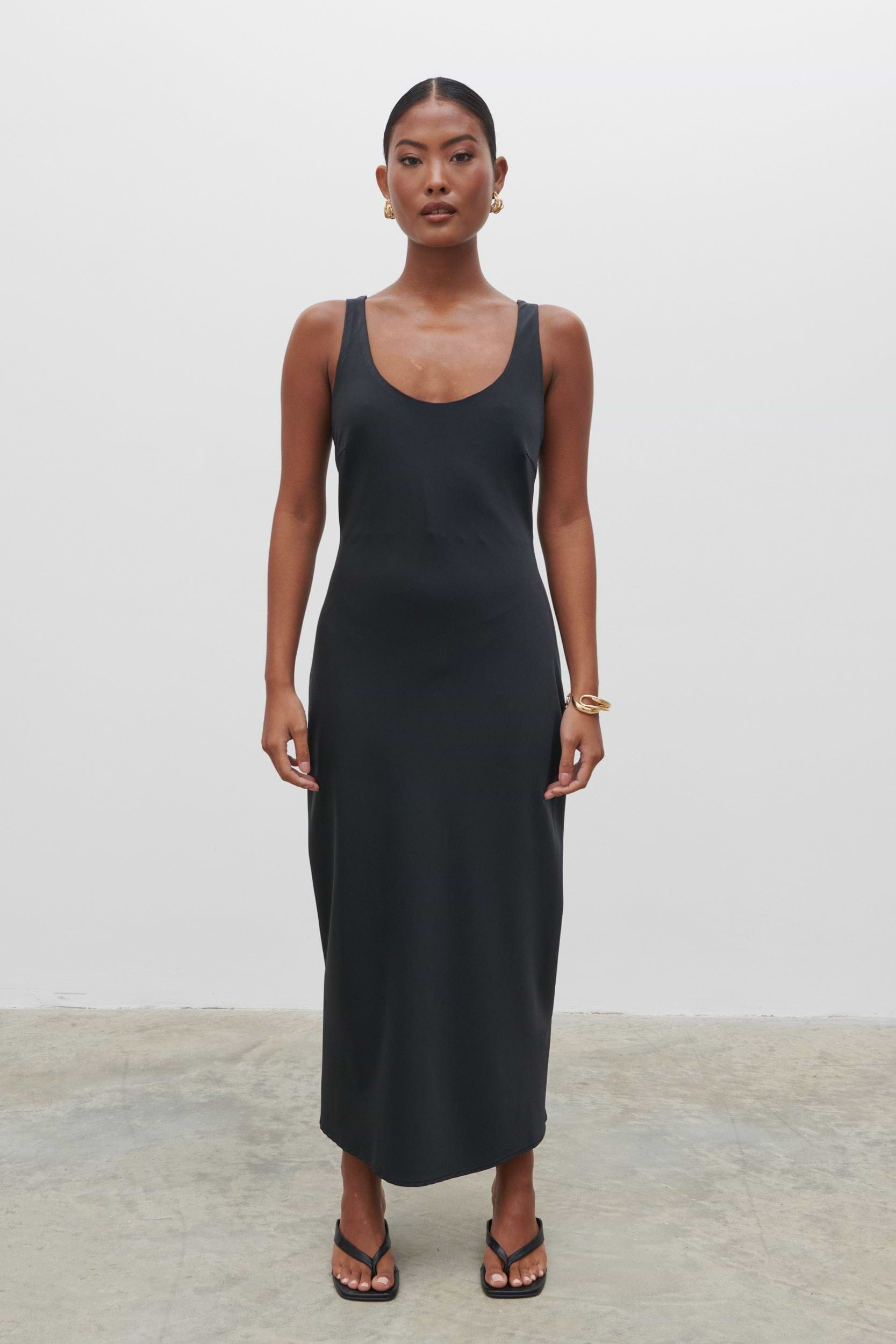 Evelyn Satin Slip Midaxi Dress - Black