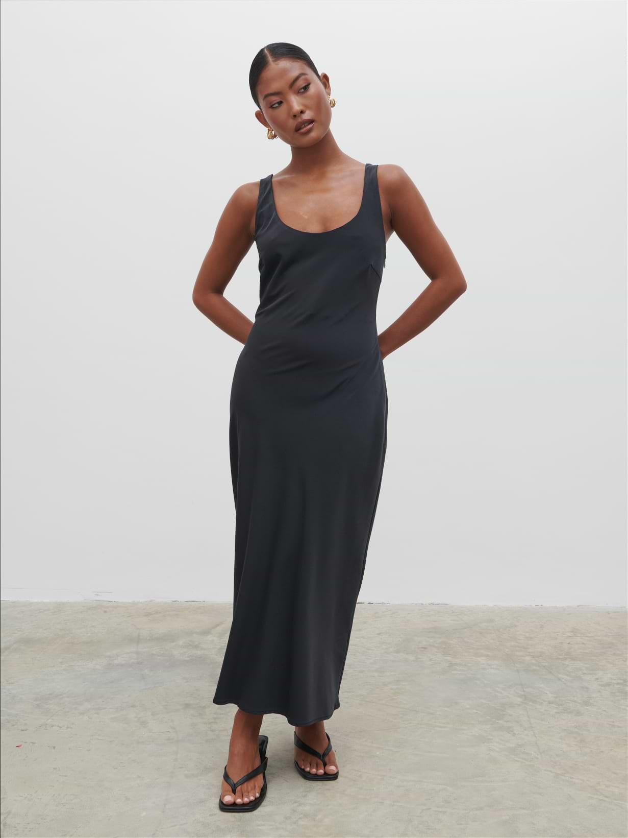 Evelyn Satin Slip Midaxi Dress - Black
