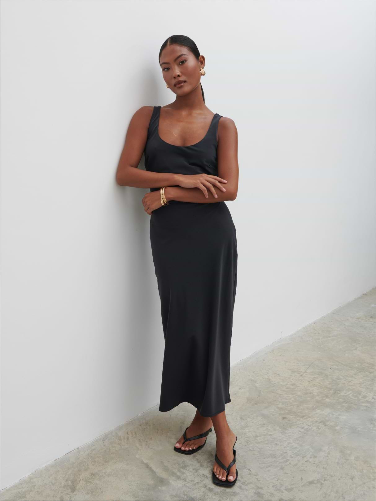 Evelyn Satin Slip Midaxi Dress - Black
