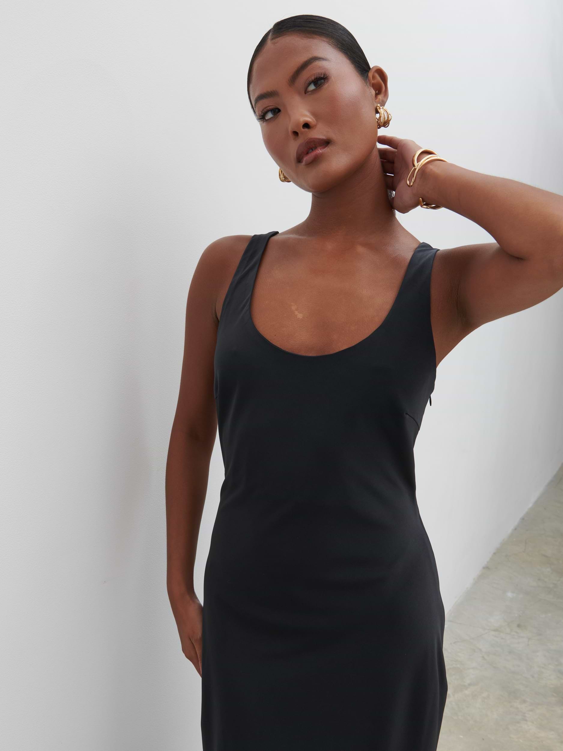 Evelyn Satin Slip Midaxi Dress - Black