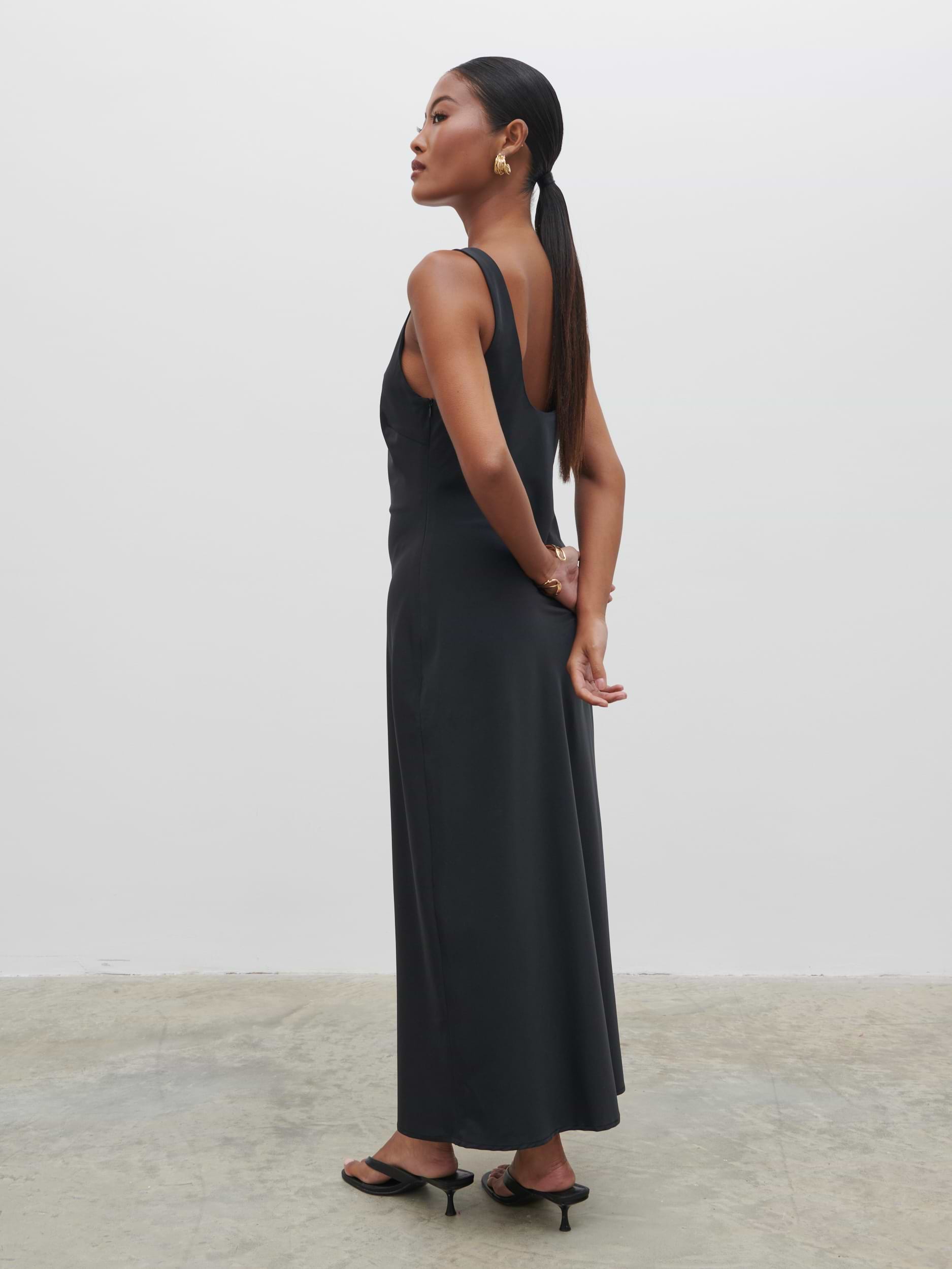 Evelyn Satin Slip Midaxi Dress - Black