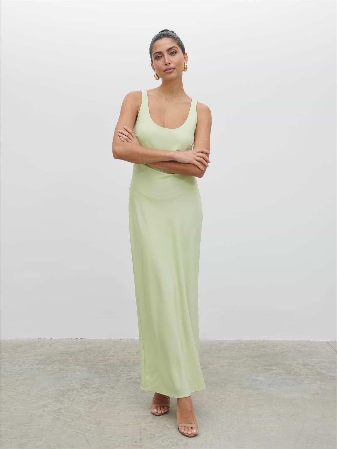 Evelyn Satin Slip Maxi Dress - Pistachio