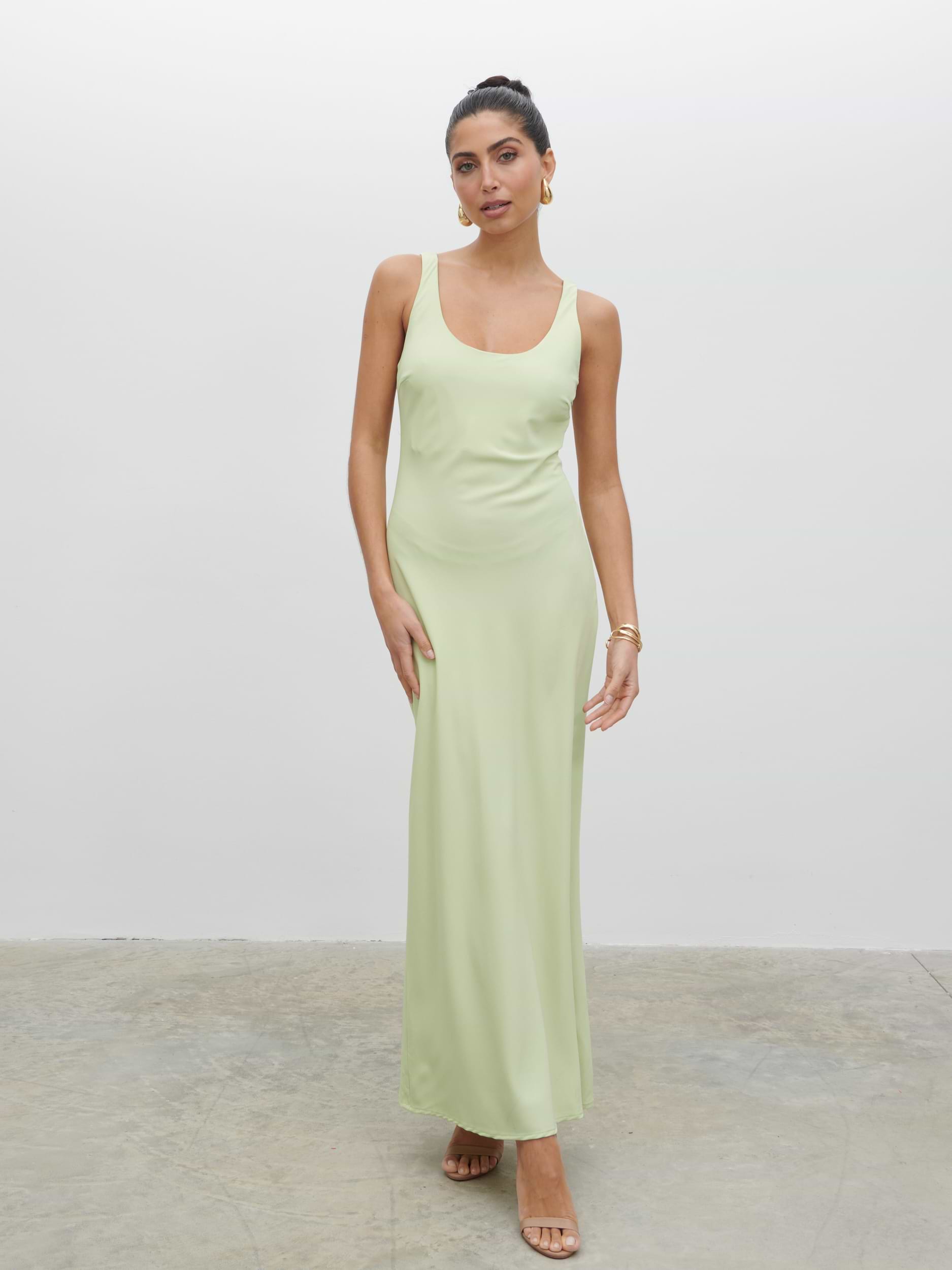 Evelyn Satin Slip Maxi Dress - Pistachio