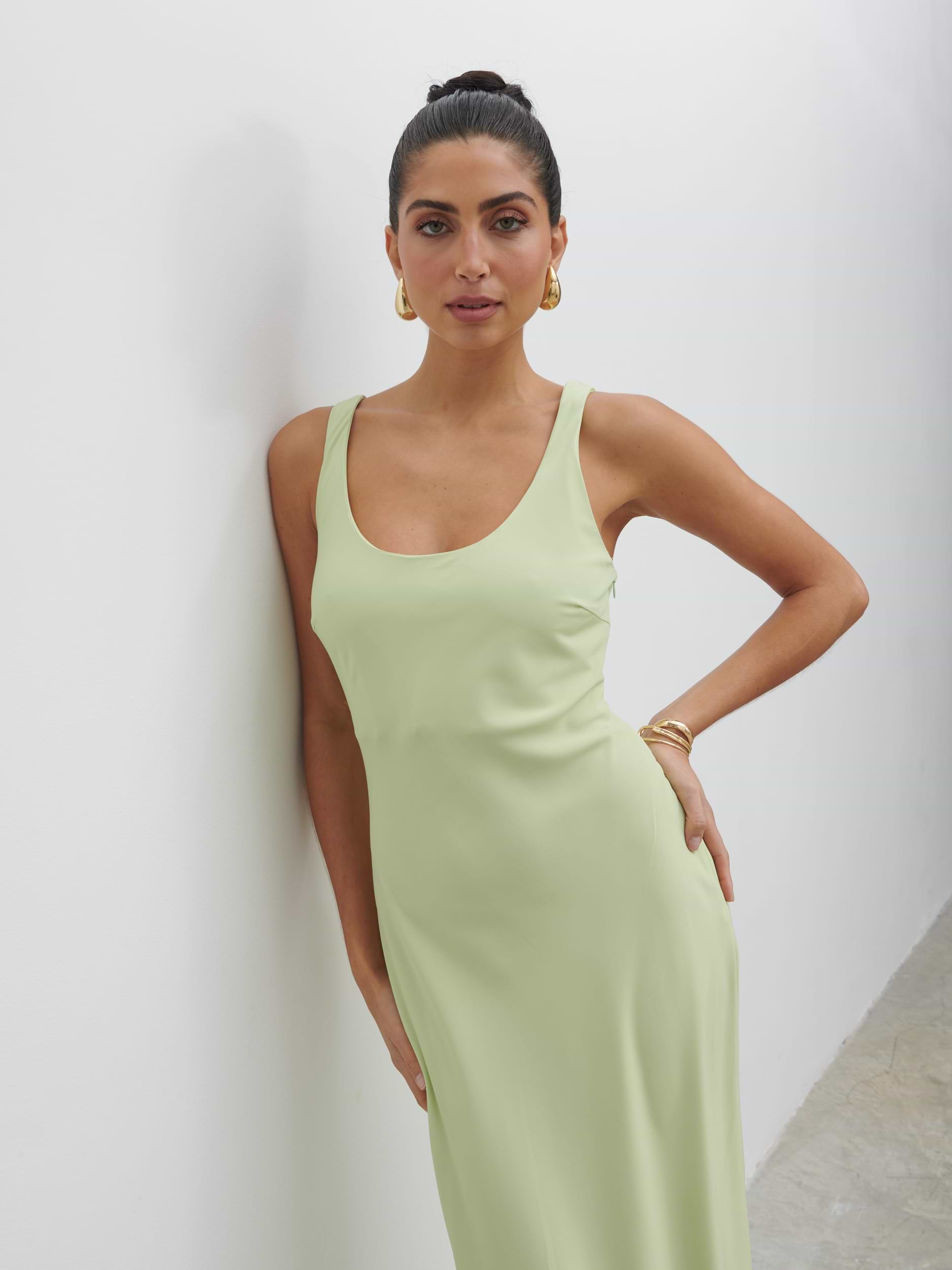 Evelyn Satin Slip Maxi Dress - Pistachio