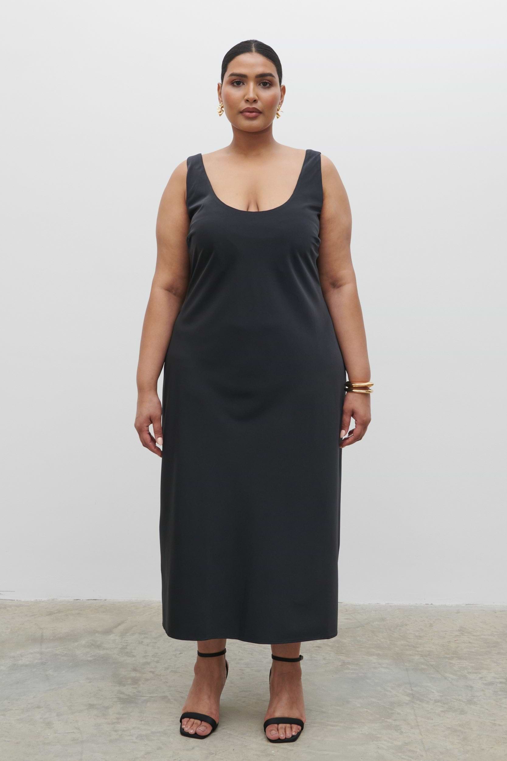 Evelyn Satin Slip Midaxi Dress Curve - Black